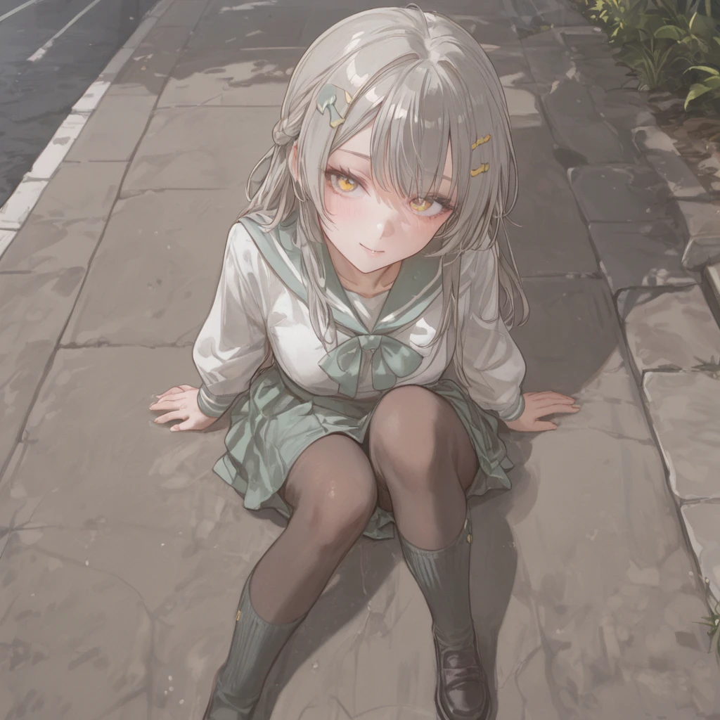 Like that, her hair is long, gray, she's wearing long clothes down to her knees, she's wearing socks, what's the name of the expensive ones, and white shoes, light green eyes?