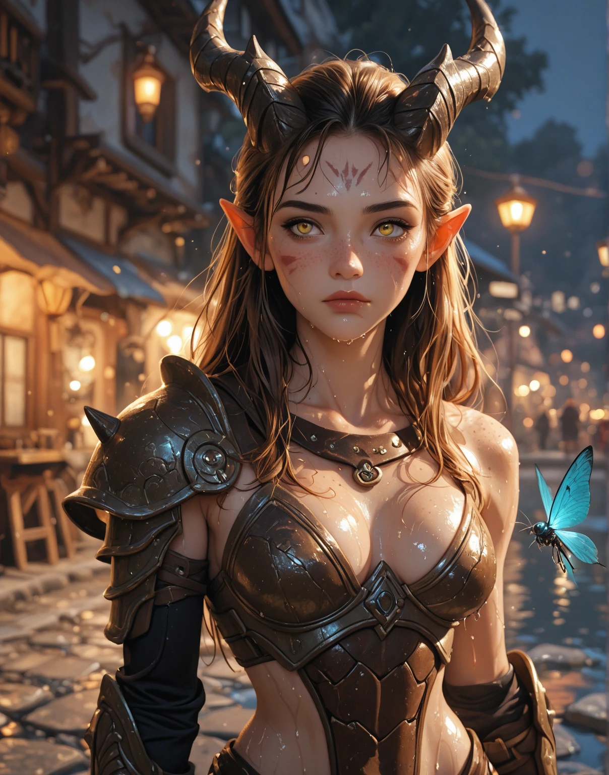 (best quality) (HDR) (Ultra high detail) (dragon woman) beautiful woman with dragon scales on her face and body tattoos sitting on top of the head of a red dragon, (dragonlance) (D&D) enchanted mountain spring setting, amber eyes, fantasy, 4k, 3D