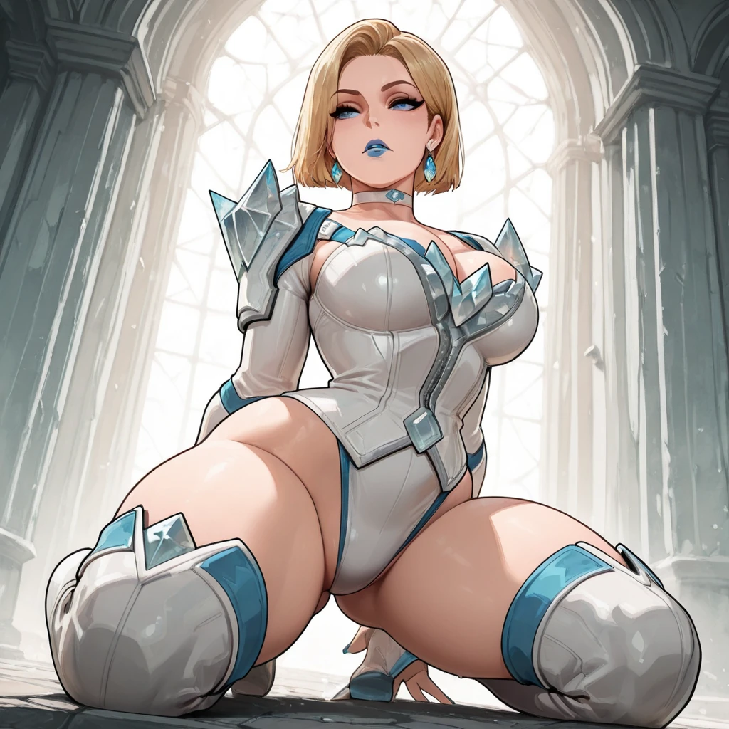Amanda Seyfried sitting on the iron throne, dressed in thong panties and light blue high heels, and with her legs spread showing off her white panties wet with sweat