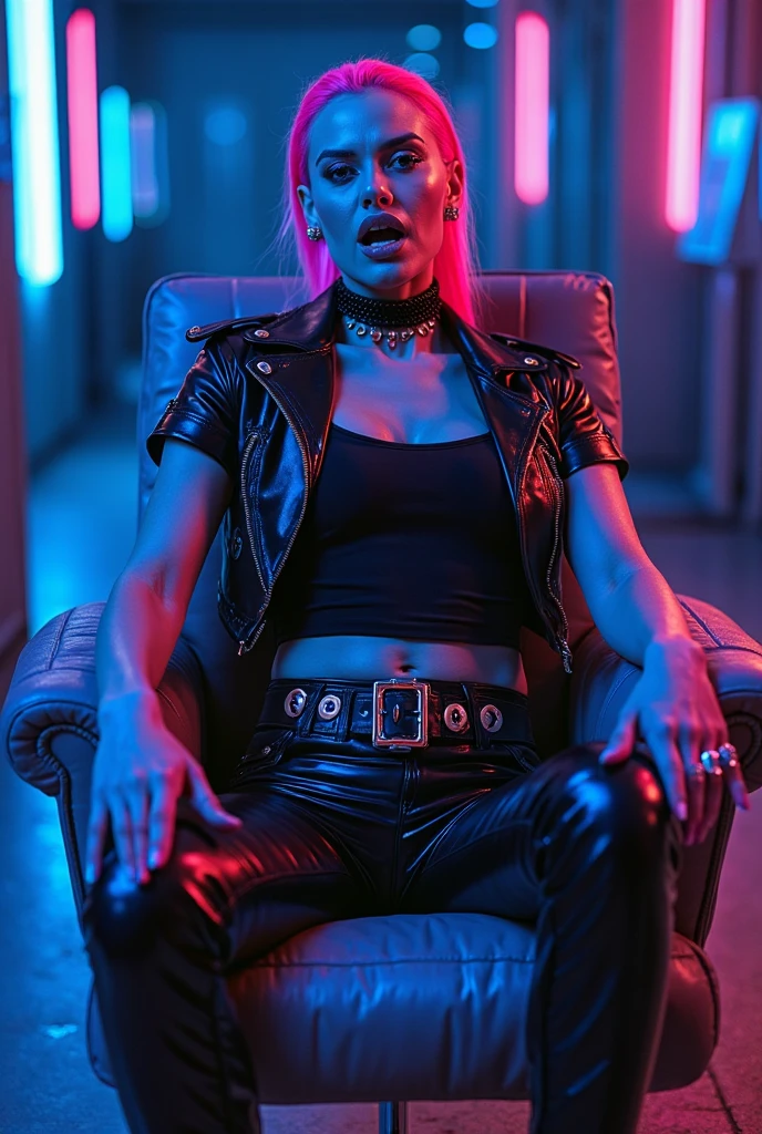 realistic, a futuristic cyberpunk hackerspace at night with many computer parts laying around, green and purple and yellow and pink neon and LED lights, a large dark red leather armchair standing in the middle of the room, on the chair sits a flat chested girl teasing the viewer, legs spread, dark blue worn down cutoff jeans miniskirt, dirty old black leather SAS boots, torn olive tank top, undressing her very worn black leather jacket, blonde hair with a slight pink undercut