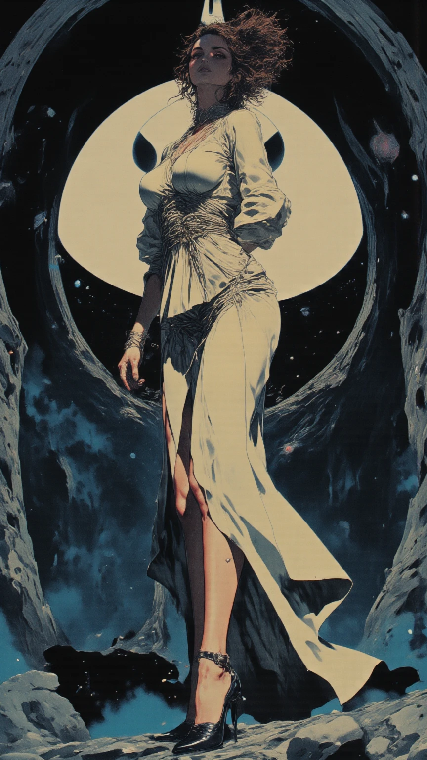 full body blonde woman in a 1960's dress with long white socks in front of a jugendstil psychedelic mural by Andy Rementer, detailed, sacred complex background, modern contemporary surreal, open highly enigmatic, rich deep color, dynamic dramatic cinematic light, beautiful grand delicate, sharp focus, extremely aesthetic, glowing, magical, sublime, singular, coherent, pretty, very creative, amazing, epic composition