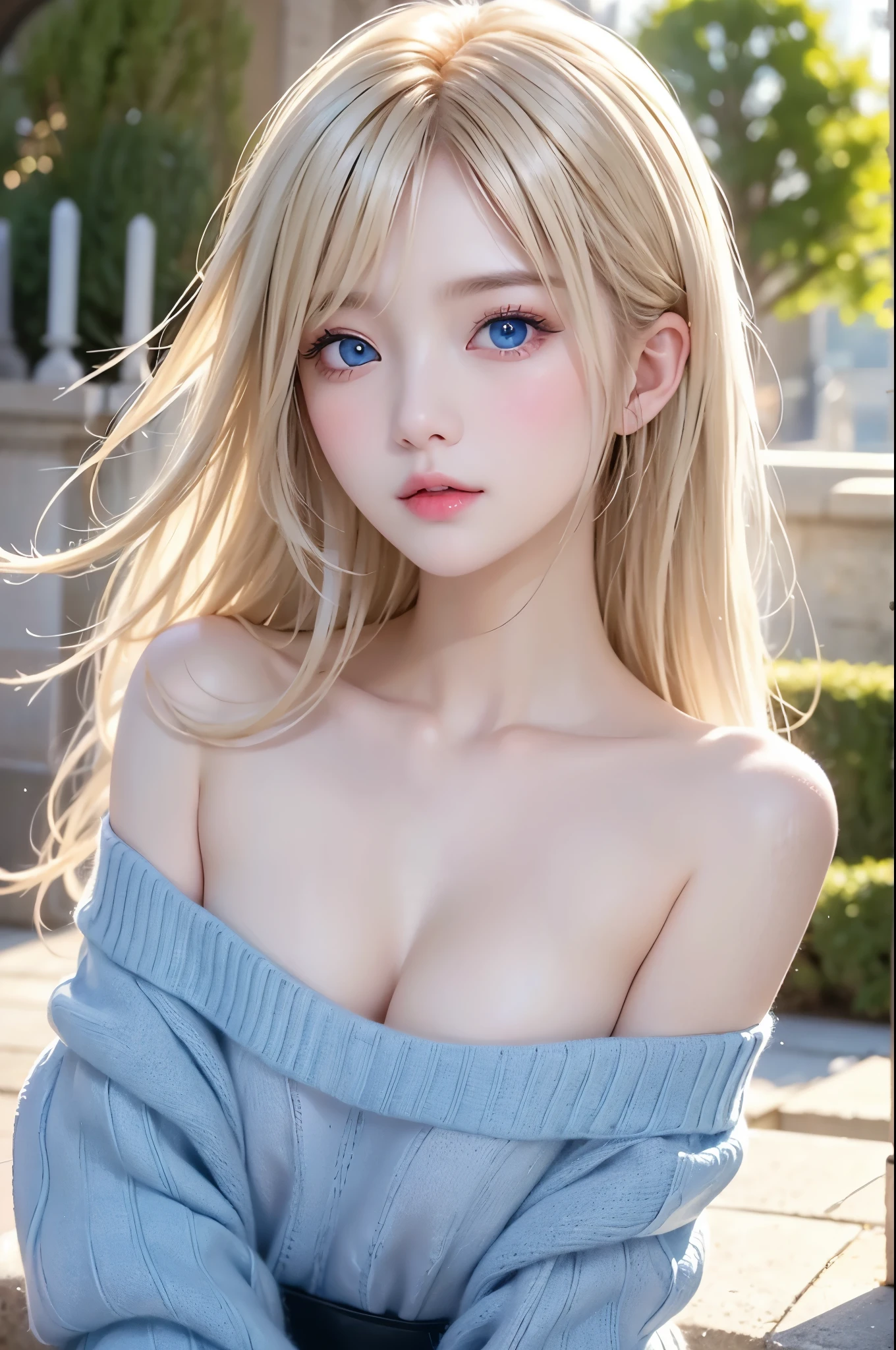 Beautiful white and shining skin、Blonde hair changes color depending on how the light hits it.、Long bangs obstruct the view、Highlights of cheek luster、Sexy, very beautiful, adorable, cute, gorgeous face、The most beautiful face in the world、Super long and gorgeous blonde hair、Smooth straight hair、big, light blue eyes shimmering、Beautiful Bangs、Beautiful and cute 16 year old girl、medium breasts, from side, Off-the-shoulder clothing、background:GB, ruins