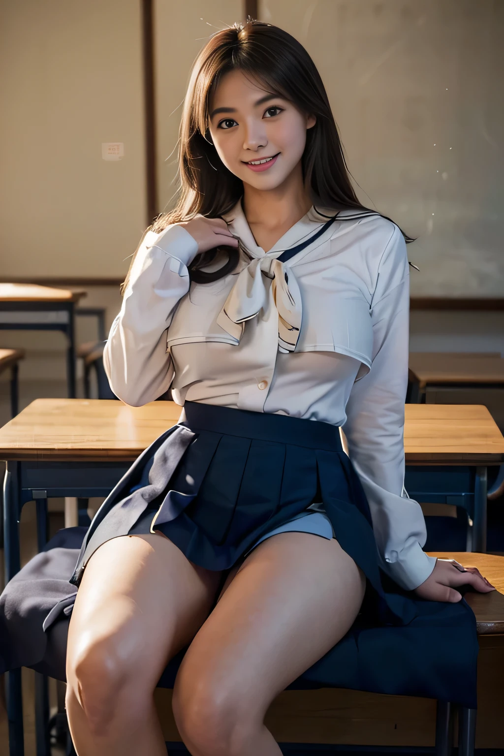 Depiction of a realistic beautiful woman's face that can be mistaken for a photo、With double eyelids、eyes are large and naturally harmonize with the face、bright expression、With a lovely smile、Looking at the front、Dark brown long hair、