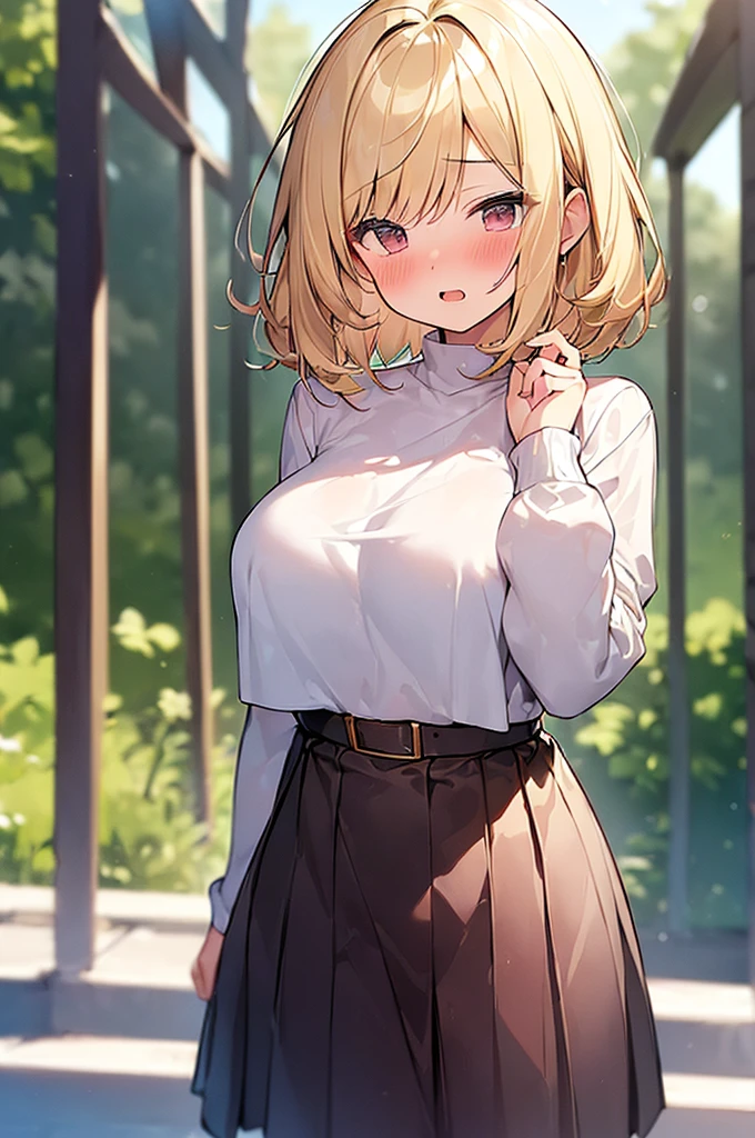 1girl,solo,super detailed skin,shiny skin,expressionless,,eyelashes,lips gloss,blonde hair, hime cut,blunt bangs,short hair ,large breasts ,, short sleeve shirt,skirt,taking shelter from rain,looking afar,countryside ,masterpiece,best quality,ultra detailed,high resolution,sharp focus,depth of field