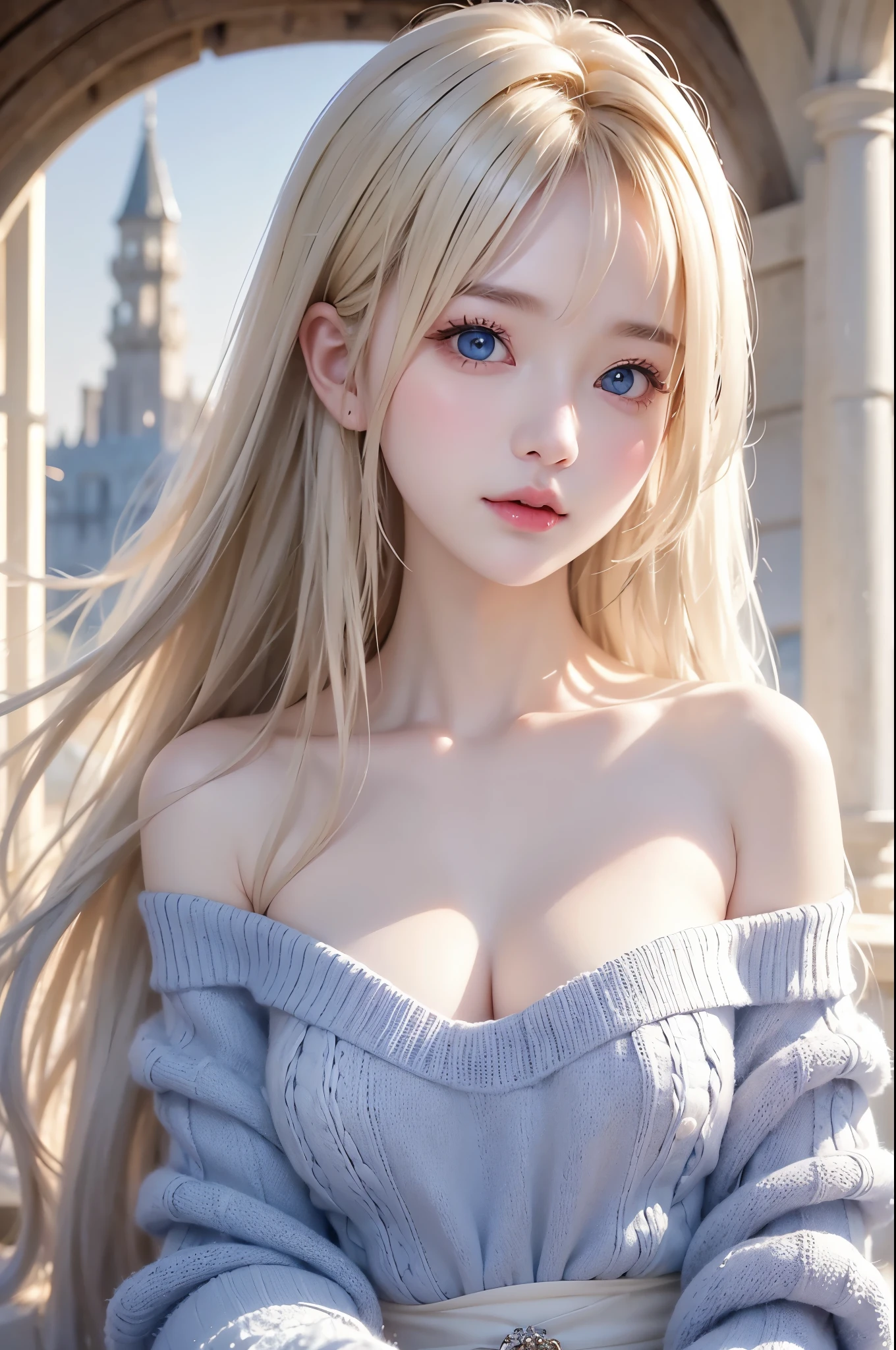 Beautiful white and radiant skin、blond hair changes color depending on how light hits it.、 long bangs block view 、 Gloss highlights on her cheeks 、sexy, so beautiful, adorable by design, cute, beautiful face above the castle gate、世界で最もbeautiful face above the castle gate、 super long and beautiful blonde hair 、Very cute face like a famous Japanese idol、is big, Sparkling bright blue eyes、beautiful bang、Beautiful and cute girl、small breasts, from the side, off shoulder knitted sweater、background:Gigabyte , Ruins