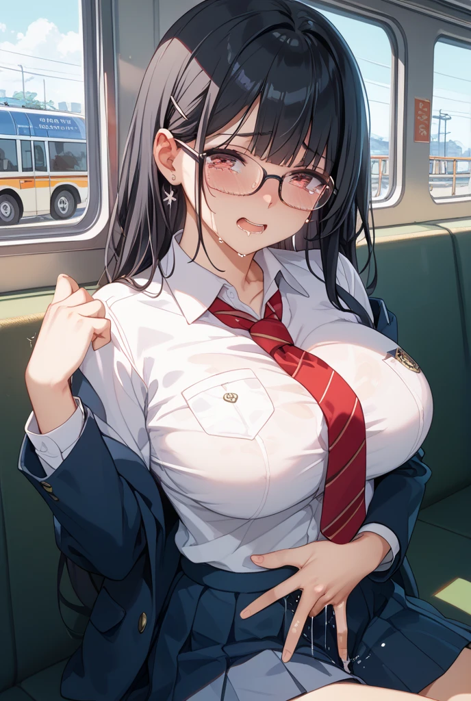 Very detailed, Sexy Body, Big Breasts, attractive appearance、sexual expression,Ahegao、Wet Panties、Love juice dripping from a wet pussy、Taunt、Obscene、climax、masturbation behavior、blush、Inside the train、Thong、Standing position、Standing at the train entrance、Wear a white shirt、No bra、Provoking a man、Alluring expression、Shy woman、shame、Love juice stains on pants、A woman who gets excited when her body is seen、A woman who likes to have her body seen、Naughty expression、Masturbating on the train、In a suit、Glasses、Wet panties、Tight Skirt、Garter Stockings、Office Lady、Intelligent woman