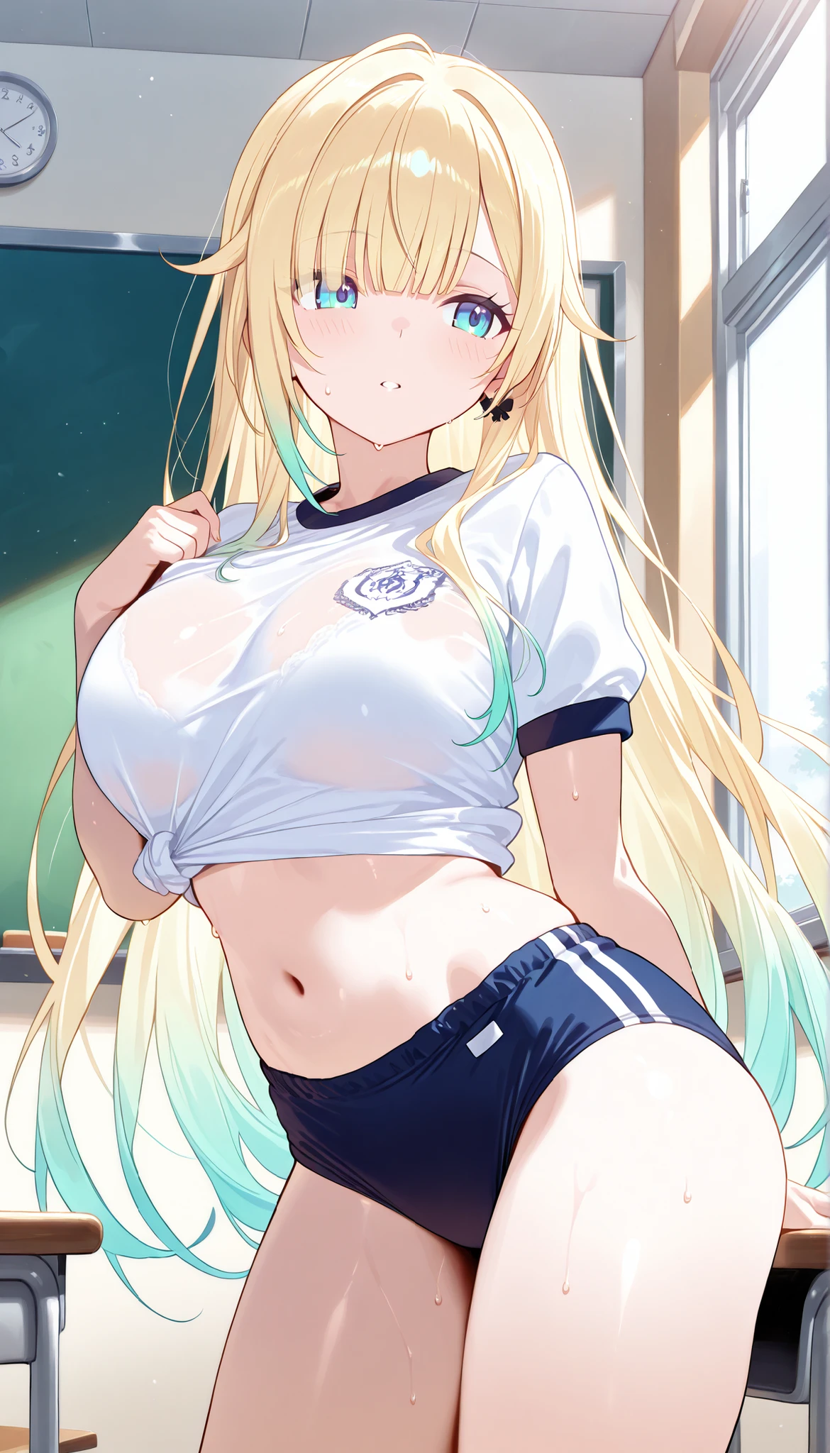 masterpiece, score_9, score_8_up, score_7_up, anime, pinup, masterpiece, full twinkle, perfect face, best quality, high resolution, aizawa ema, 1girl, virtual youtuber, blonde hair, aqua hair, gradient hair, very long hair, blunt bangs, blue eyes, standing, navel, buruma, navy buruma, classroom, sweat, arm behind ass, large breasts