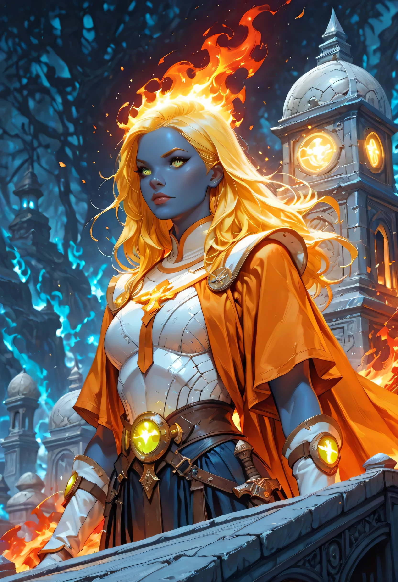 portrait of a female cleric ((dark blue skin: 1.5)), intense details facial details, exquisite beauty, cleric, (dark blue skin: 1.5)) female, ((yellow hair: 1.5)), long hair, (((no ears: 1.5))), (green eyes: 1.3), armed with a fiery sword red fire, wearing (twilight priestly combat vestments: 1.5), wearing white armor, wearing high heeled laced boots, wearing white armor, wearing an (orange cloak:1.3), wearing glowing holy symbol, fantasy art, dnd art, RPG art, wide shot, (masterpiece: 1.4) intense details, highly detailed, photorealistic, best quality, highres, within fantasy temple background, reflection light, high details, best quality, 16k, [ultra detailed], masterpiece, best quality, (extremely detailed), close up, ultra wide shot, photorealistic, RAW, fantasy art, dnd art, fantasy art, realistic art,((best quality)), ((masterpiece)), (detailed), perfect face, fantasy, glowing, ember