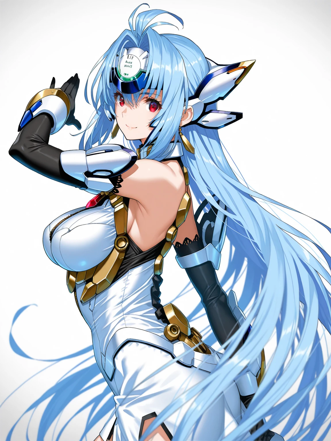 Put your hands on your hips, Put your hands on your chest, Long hair, sci_fi_suit, Cyborg suit, tight suit, standing, masterpiece, best quality, CG, wallpaper, high quality, high resolution, very detail, landscape, (masterpiece)))), ((highest quality)), (super detail), (CG illustration), (very mysterious and beautiful)), cinematic light, (1 mechanical girl)), single, ( Smooth fingertips), ((Smooth limbs like body paint)), (White full-body fitting material), (kneeling)), (Character Focus), Science Fiction, End Times, Wide Hips, Thick Thighs, (Thigh Gap: 1.2), Shaved, Collar, High Leg, Latex, White Latex Legwear, White Latex Gloves, High Heels, ( Highly detailed face:1.3), detailed background, masterpiece, best quality, shurelia, standing, smiling when looking at the beholder, pale hair, leotard, gloves, thigh boots