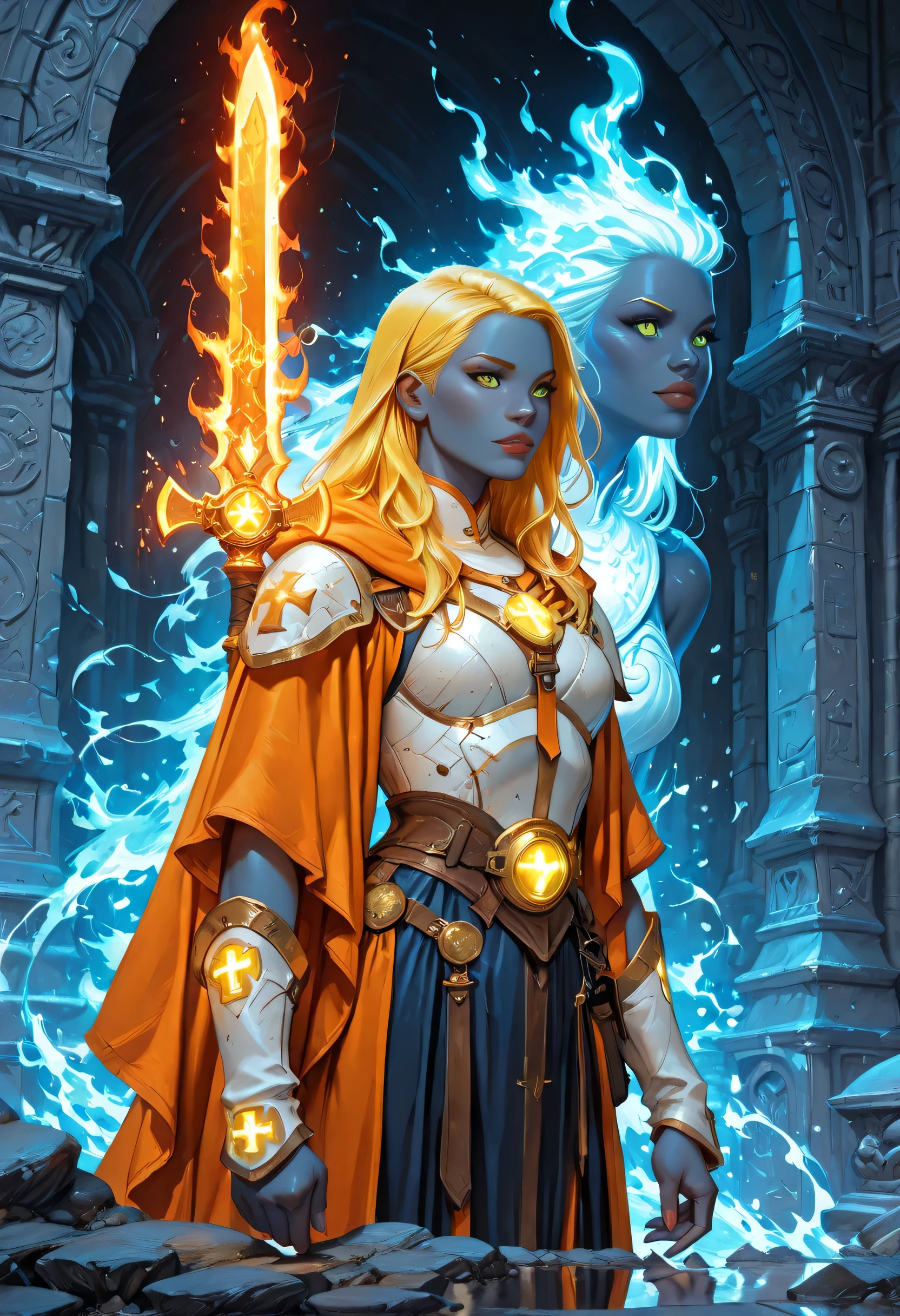 portrait of a female cleric ((dark blue skin: 1.5)), intense details facial details, exquisite beauty, cleric, (dark blue skin: 1.5)) female, ((yellow hair: 1.5)), long hair, (((no ears: 1.5))), (green eyes: 1.3), armed with a fiery sword red fire, wearing (twilight priestly combat vestments: 1.5), wearing white armor, wearing high heeled laced boots, wearing white armor, wearing an (orange cloak:1.3), wearing glowing holy symbol, fantasy art, dnd art, RPG art, wide shot, (masterpiece: 1.4) intense details, highly detailed, photorealistic, best quality, highres, within fantasy temple background, reflection light, high details, best quality, 16k, [ultra detailed], masterpiece, best quality, (extremely detailed), close up, ultra wide shot, photorealistic, RAW, fantasy art, dnd art, fantasy art, realistic art,((best quality)), ((masterpiece)), (detailed), perfect face, fantasy, glowing, ember