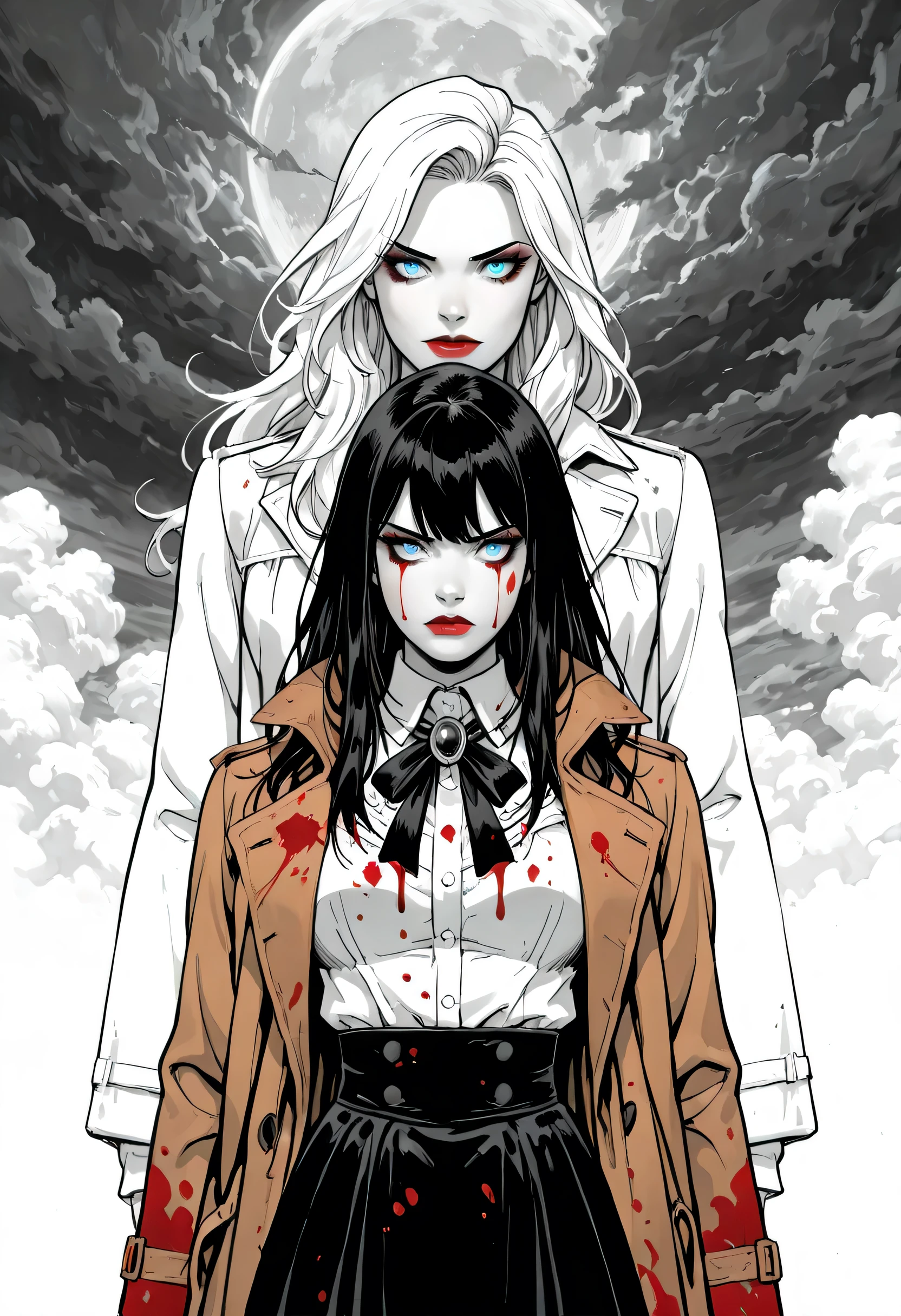 score_9, score_8_up, score_7_up,goth black and white anime art, (black and white art: 1.5) mostly black and white, a picture of a beautiful female vampire, best detailed face, black hair, long hair hair, blue eyes, wearing trench coat, wearing a skirt, wearing white leather shirt, (red blood stains: 1.3), it is cloudy night (only colors are the blood and the eyes), glowing, ember