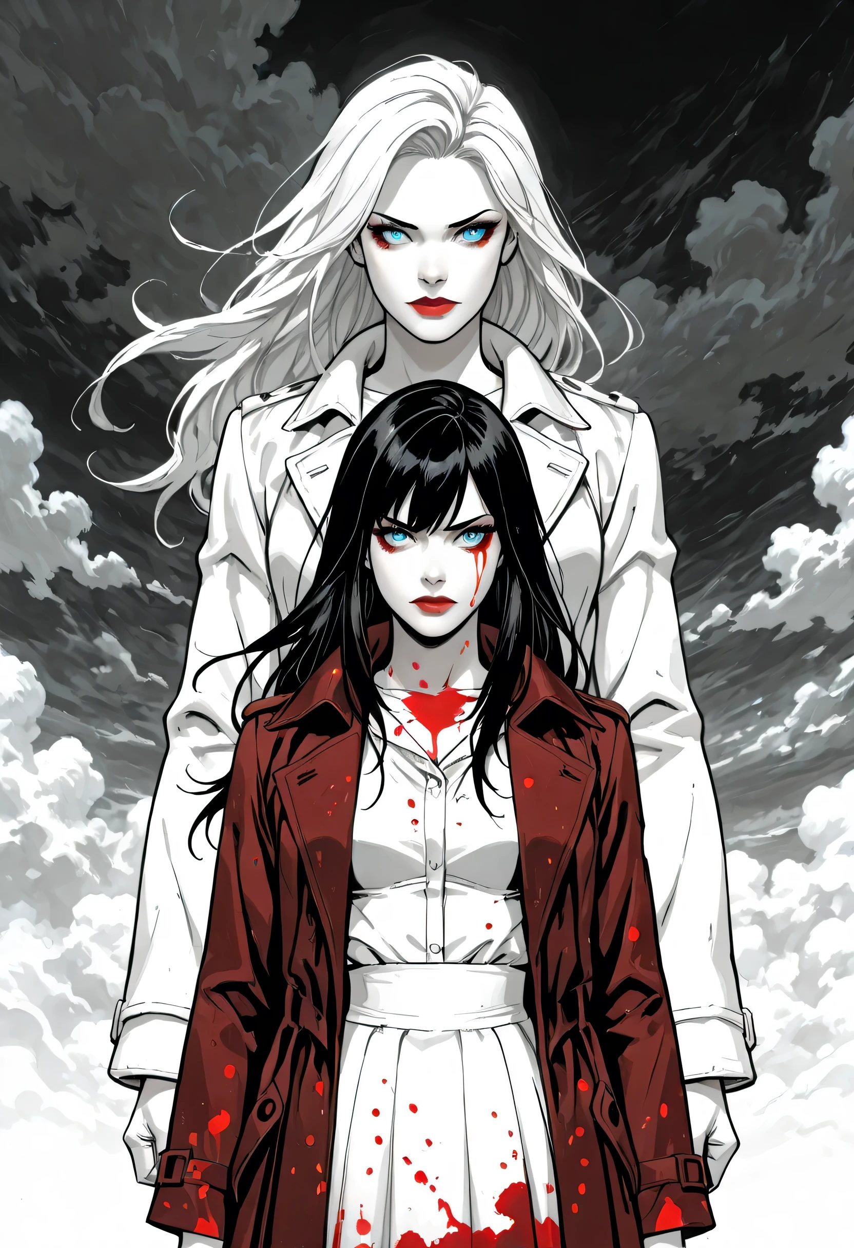 score_9, score_8_up, score_7_up,goth black and white anime art, (black and white art: 1.5) mostly black and white, a picture of a beautiful female vampire, best detailed face, black hair, long hair hair, blue eyes, wearing trench coat, wearing a skirt, wearing white leather shirt, (red blood stains: 1.3), it is cloudy night (only colors are the blood and the eyes), glowing, ember
