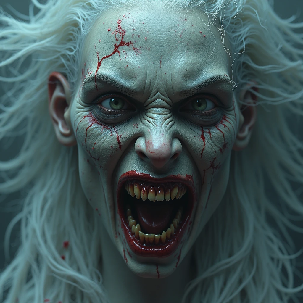 "(Highest picture quality), (Prioritizing the exceptional image quality and astonishing level of detail), generate an awe-inspiring (photorealistic:1.1) a female dead living dead zombie, bones, morbid, ribs, green skin, rotting flesh, torn clothes, blood, full body, thin, red eyes, waste up, abandoned city, blood dripping, zombie apocalypse, angry, mouth open, skinny, rotting skin, long messy white hair, skull, infected, horror, macabre, adam hughes, Sharp focus, render, octane, detail, award-winning photography, masterpiece, rim lighting."