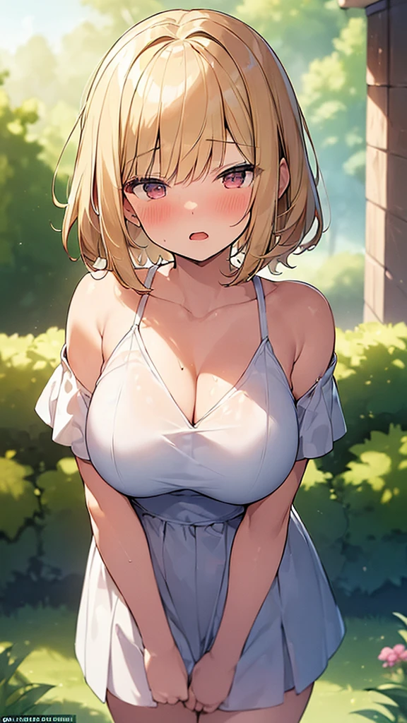 masterpiece, best quality, ultra detailed, highres, extremely detailed CG unity 8k wallpaper, perfect lighting,  very detailed background, Outdoor、beautiful and aesthetic,sharp focus, perfect face, Perfect hands、Perfect Fingers、Perfect toes、Five fingers、
Glossy blonde、blue eyes、White clothes, look down、Upper Body、Fair skin、Short Bob、Completely wet、French Braid、Blushing、Blunt bangs、Hoop Earrings、Gradient Hair、The left sideburn is longer than the right、(Hide your arms behind your body:1.2)、cleavage,cleavage cutout、(twinkle(in the eyes):1.2)、Pull up your skirt