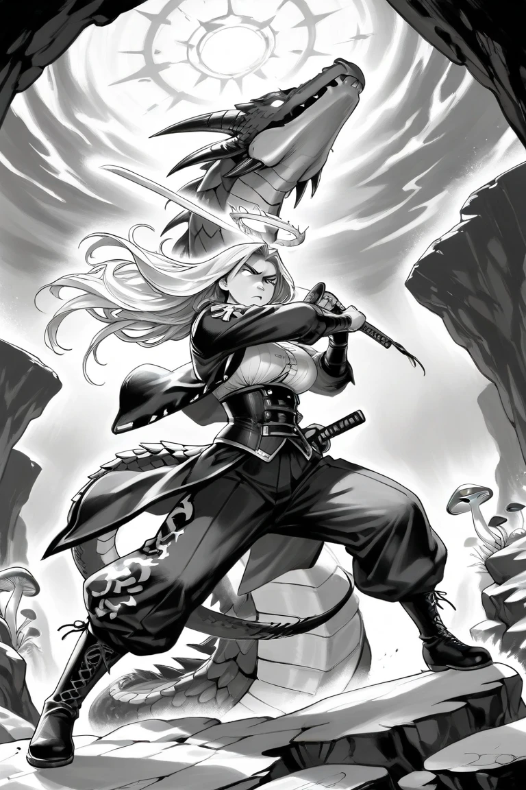 Anime masterpiece, a drawing of a woman with long hair and long hair, beauty in demon killer art, perfect anime body, long legs, big breasts, full body movement, 4K manga wallpaper, full body fighting pose, realistic light and shadow, beautiful line art, strong line art, ink art, brush art, Kentaro Miura manga art style, his manga full body portrait, Kentaro Miura's manga style, Shigeri Aishima illustration, highly detailed fine doujin art, Detailed comic style