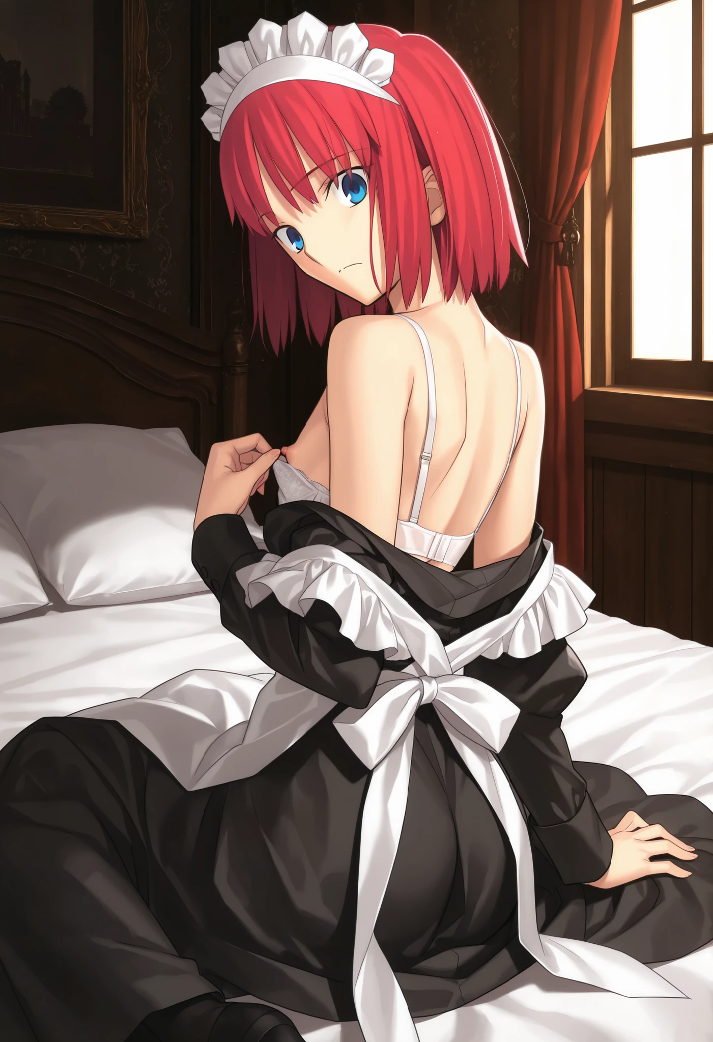 masterpiece, , absurdres, highres, detailed background, high resolution, masterpiece, necessary, detail, best quality, quality, necessary, details, High details, Precise, indoors, bed room, , medieval interior, gothic, from behind, ,
1girl, , Takeuchi Takashi (type-moon,tsukihime) style, takeuchi takashi style, solo, sitting on bed, , (head tilt), panicking, wide eyed,
girl, (hisui (tsukihime), very light blue eyes, light red hair, short hair, bob cut, maid headdress, ), (tsurime), (), , ,
(show off back, , ), off shoulder, undress black dress shirt pull, juliet sleeves, collared dress pull, maid apron pull, white bra pull, white panties, , small breast, flat chest, expressionless, looking at viewer, ,