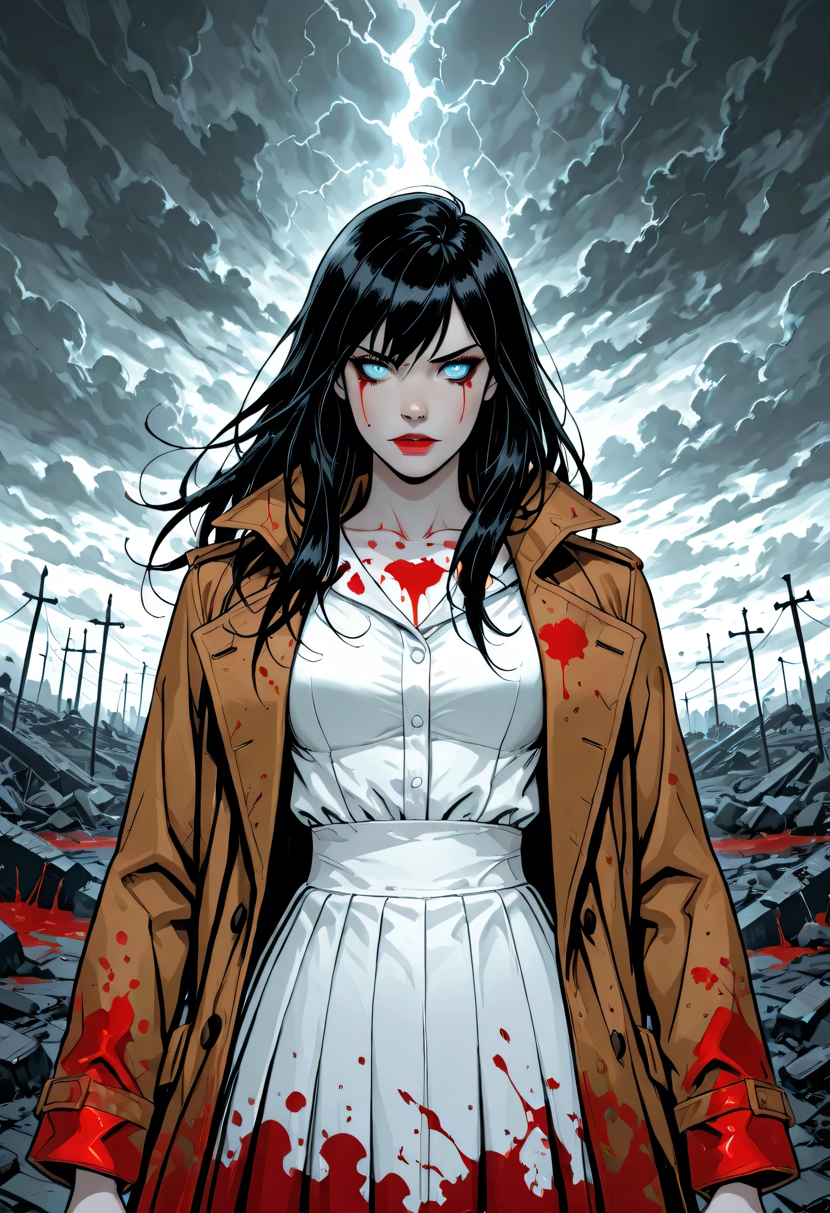 score_9, score_8_up, score_7_up,goth black and white anime art, (black and white art) mostly black and white, a picture of olo beautiful female vampire, best detailed face, black hair, long hair hair, blue eyes, wearing trench coat, wearing a skirt, wearing white leather shirt, (red blood stains: 1.3), it is cloudy night (only colors are the blood and the eyes), glowing, ember