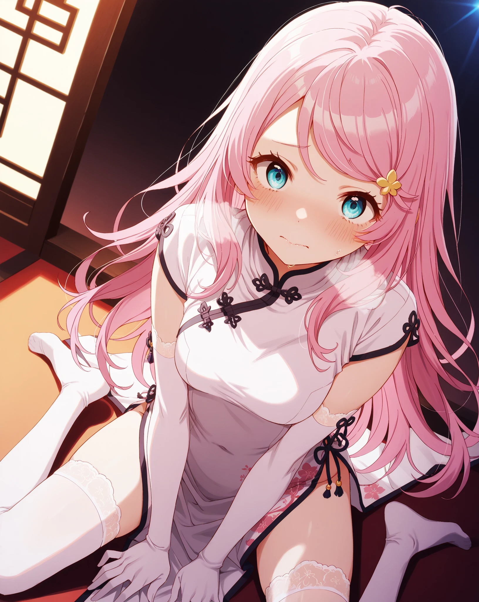 re:Anastasia Hoshin, very embarrassed , face reddened , deep breathing, bright illuminated light show, white chinese suit , with high slits, long gloves , thigh-high socks , Over the knee socks , sitting pose, sexy looking positions, soft lighting, elegant and sophisticated atmosphere, front view angle, clear looking image