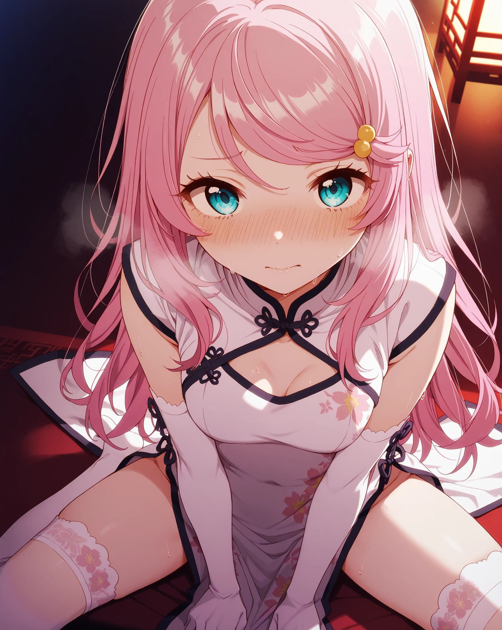 re:Anastasia Hoshin, very embarrassed , face reddened , deep breathing, bright illuminated light show, white chinese suit , with high slits, long gloves , thigh-high socks , Over the knee socks , sitting pose, sexy looking positions, soft lighting, elegant and sophisticated atmosphere, front view angle, clear looking image
