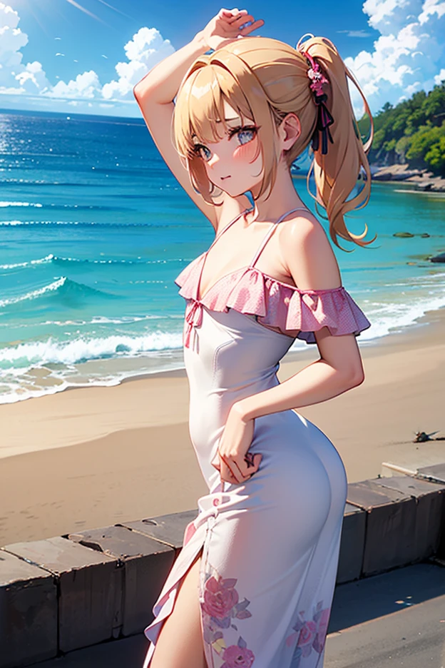 ultra-detailed, ((one girl)), ((tan skin:1.4)), in pastel colors gyaru, (heavy makeup), hyper detailed, absurdres, 8K, Beautiful Face,  (Laugh shyly), ((teasing smile)), ((sweat)), ((Wink:1.5)), (Laugh with your mouth wide open),((Tilt your face:1.6)), View your viewers, ((Bright red cheeks:1.6)),Glossy Red Lips, ((huge breasts:1.5)), ((undressing:1.2)),((Exposed nipples)), noon, Terrace with sea view, ((Anime style background)),masterpiece, Highest quality, so beautiful,Latest, Complex details, ((Long neon pink nails)), (nail art), (ring),(bracelet), (Floral Choker),AI-generated, Complex,High resolution, Highest quality, super high quality,3D Images、3D Images,One person,Blonde long hair,(High Ponytail), (wavy hair:1.3), Blonde anime woman posing for a photo, ((Fine grain、blue eyes、glowing eyes:1.4)), (Squint your eyes:1.1),a hyperRealistic , hyperRealistic , Realistic,Anime woman with long pastel yellow hair, Smooth anime CG art, A girl in a gorgeous pastel-colored kimono,  ((Pastel-colored furisode)),(Pink large floral pattern), Long flower hair ornament,big hoop earrings, Mature Body, tall,Narrow waist, on bench, ((from behind:1.5)), ((all fours:1.3)), (twisted torso:1.3), ((Stick your ass out)),(hip focus),