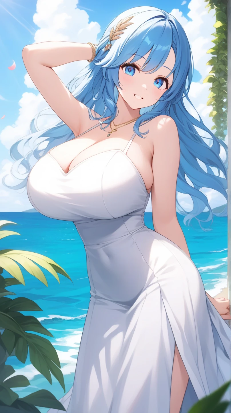 Highest quality、Highest quality、masterpiece、(8K),beauty(Age 25)、(Mature Appearance)、Light blue long hair(Braiding of sides)、blue eyes、((naked))、(Fairy)、Big cleavage、((Big Breasts))、smile、blue necklace、Blue Earrings、background(Beach)、Please open your mouth wide、bracelet、Dynamic pose、Blue choker