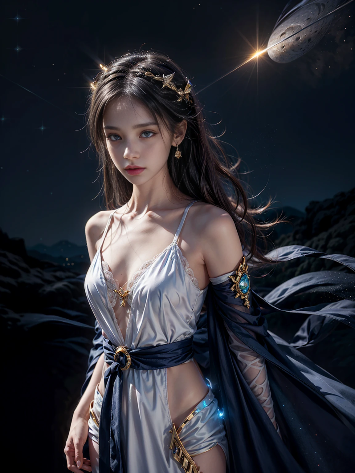 ((masterpiece)), best quality, ultra-detailed, an extremely delicate and beautiful, (mythical goddess:1.3), divine aura, floating, dynamic pose, translucent veil, radiant eyes, elegant robes, (heavenly clouds OR divine flames OR starry sky), full body, slender abs, highly detailed face and skin texture, detailed eyes, large breast, sensual, black hair, wavy hair, cinematic lighting, depth of field, silhouette, reflection light, ray tracing, bokeh, Canon, cowboy shot, 8k, award winning, best quality, super detail, anatomically correct, masterpiece, UHD