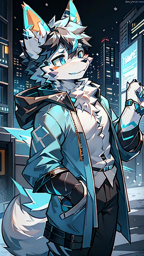 Highest image quality,Delicate painting style,Delicate hook lines,tmasterpiece,Fine fine skin,Delicate hair,Complete painting,A masterpiece,Delicate hands,finely-detailed eyes,Normal eyes,Blue wolf ears,furry,Gray hair,Black-framed round glasses,eBlue eyes,Handsome,((White scarf)),Wolf Wolf style,Shota,cyber punk perssonage, Blue pupil, city night scene, Gray hair, By bangs,Gray crystal wings, Dappled light and shadow, steampunc,short detailed hair,boy,There are bright eyes of God。, Crystal fragments in the air, 城市,((Sell cute pose))