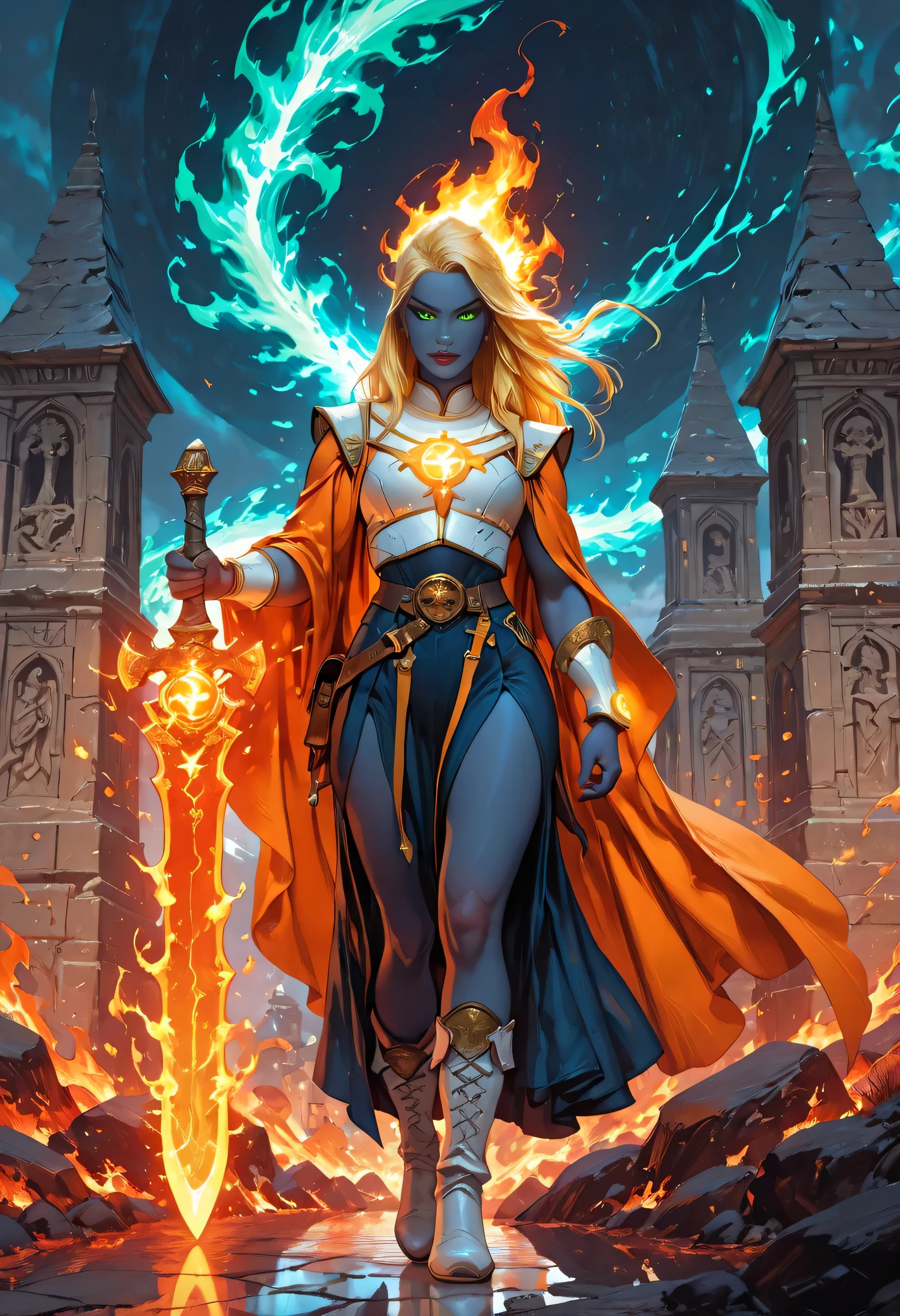 portrait of a female cleric ((dark blue skin)), intense details facial details, exquisite beauty, cleric, (dark blue skin)) female, ((yellow hair)), long hair, (((no ears))), (green eyes), armed with a fiery sword red fire, wearing (twilight priestly combat vestments), wearing white armor, wearing high heeled laced boots, wearing white armor, wearing an (orange cloak), wearing glowing holy symbol, fantasy art, dnd art, RPG art, wide shot, (masterpiece) intense details, highly detailed, photorealistic, best quality, highres, within fantasy temple background, reflection light, high details, best quality, 16k, [ultra detailed], masterpiece, best quality, (extremely detailed), close up, ultra wide shot, photorealistic, RAW, fantasy art, dnd art, fantasy art, realistic art,((best quality)), ((masterpiece)), (detailed), perfect face, fantasy, glowing, ember