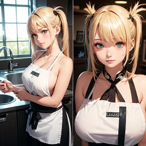 Teenage girls(​masterpiece:1.4)、(in 8K、realisti、RAW-Foto、top quality:1.4)、(real face:1.4)、(Real looking skin:1.3)、A high resolution、Eine hyperrealistie、Brown eyes with beautiful details、blonde wavy hair、Tanktops、not good、high level of detail、(with medium-sized breasts:1.5)、Décolleté of the breast、Blush、A frustrated facial expression、neck ribbon、Stand、kitchen, sexly