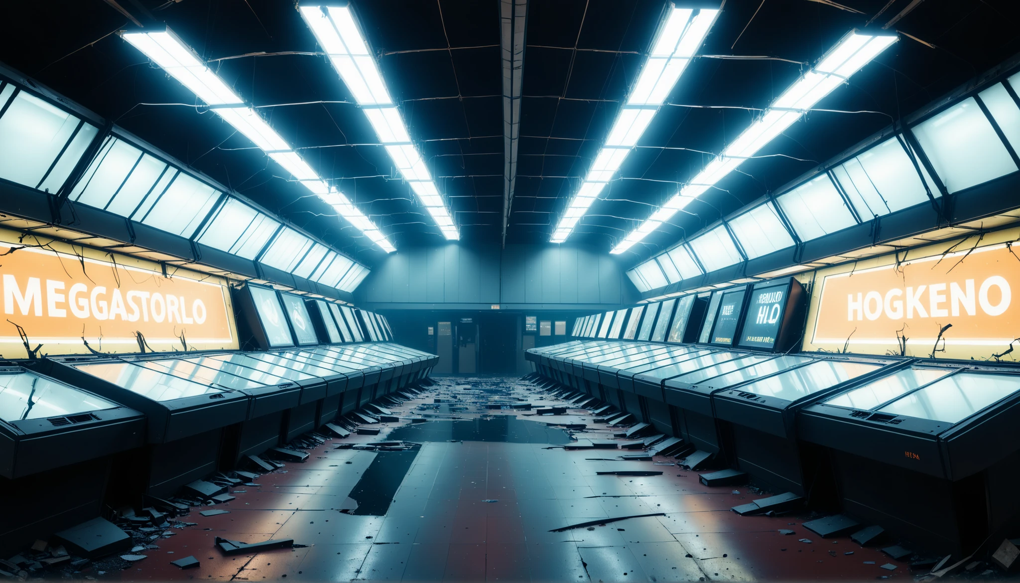 Abandoned Megastore, broken holo‑displays and flickering neon signs.