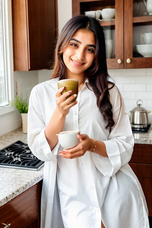 an indian wife serving coffee in a big ceramic cup. 