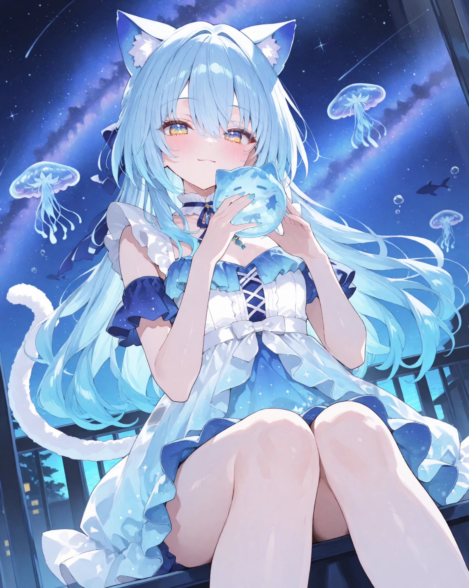 A woman wearing a weak blue dress, with open shoulders, big breasts, blue heels, sea blue hair, blue eyes, kitsune ears, kitsune tail, multi tail, walking in a luxury room, blue marble floor, floor wall gray, glass window, illuminated place, full body.sleepy face, perfect face,bokeh effect, stereogram, tachi-e, pov, atmospheric perspective, high detail, luminism, hyperrealism, brightness, 8k, super detail, accurate, best quality, high resolution, award-winning, anatomically correct ( solo woman)