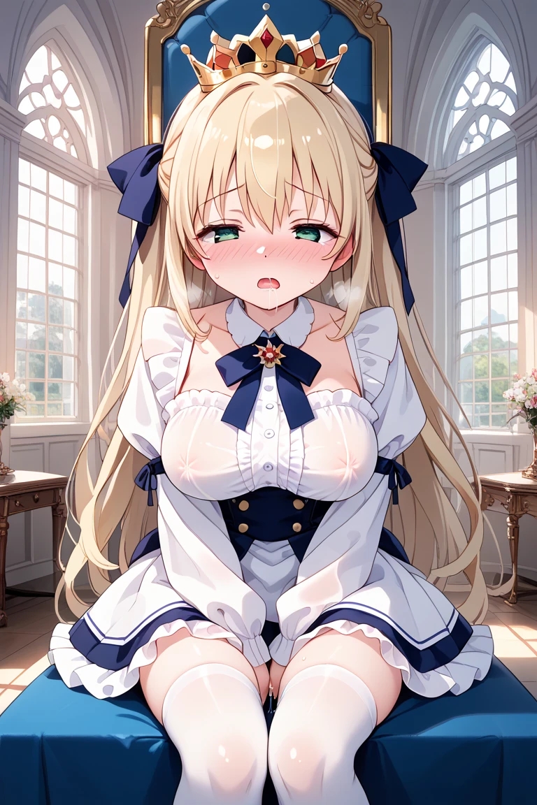 beautiful girl、perfect body、beautiful ample breasts、long blonde hair、((maid))、open your legs、Looks embarrassed、(((POV、straddling、having sex)))