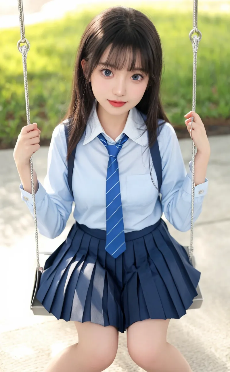 (masterpiece:1.3), (8K、photorealistic, Raw photo, best quality:1.2), (solo), (1 girl), (so beautiful:1.3), ((very beautiful 18 year old japanese girl)), (Symmetrical perfect face), (beautiful brown hair, bangs), hair is messy, (intense black eyes, strong eye highlights, realistic eyes, beautiful eyelashes), (wonderful smile, cheeks are red), (Accurate and natural normal size breasts), perfect anatomy, (high detail skin: 1.2), Photorealistic anime girl rendering, Realistic anime 3d style, dynamic angle, perfect body, (sailor suit), ((white short-sleeved shirt with a navy collar, girls high school uniform, Plain pleated skirt in dark blue, navy blue bow tie, white knee socks, black leather shoes)), (Luxury white silk bra and panties), accurate arm, five fingers, accurate legs, refreshing morning, (Beautiful Landscape Background), (Outdoor stairs in plateau tourist destination), Angle looking up from the bottom of the stairs, Very embarrassed, panic smile, turn around, leaning forward, ((The wind flipped my skirt and exposed my butt...................., think back, silk lace panties, shiny thighs)), volume lighting, soft light, bright, neon, Bright colors