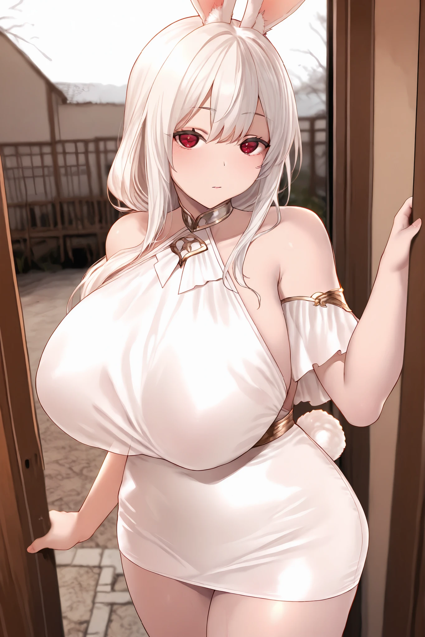 1girl, middle age,animal ear, white hair, Red eye, long hair, rabbit ear, rabbit tail ,white dress, short dress, big breasts, young women,look at viewer, standing, outside house,