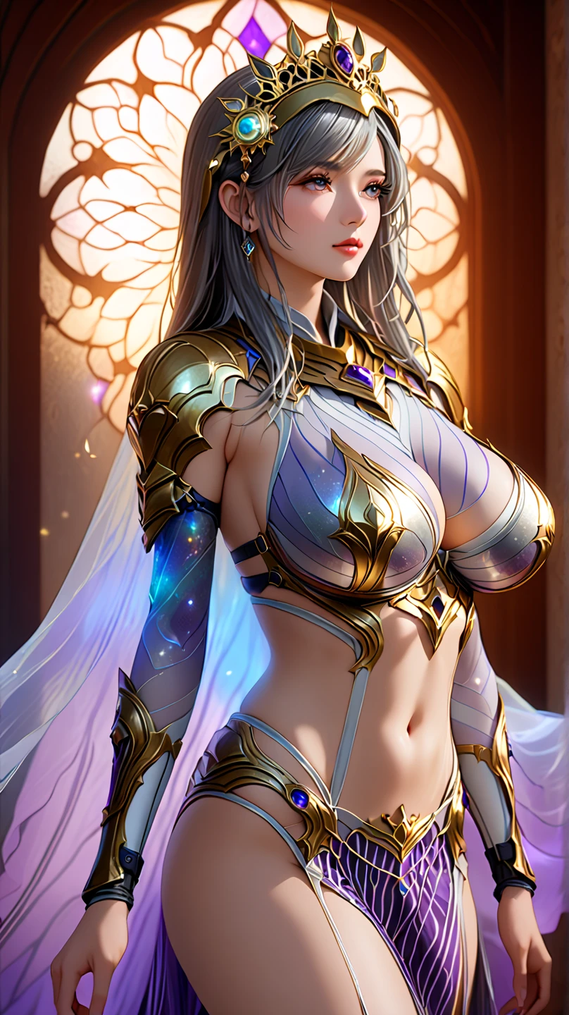 Attractive female exposed breasts knight dressed in intricate and beautifully crafted futuristic latex armor, holding a gleaming glowing sword. She wears a mix of brown and white latex, intricately designed to showcase both elegance and strength. The armor features detailed patterns and embellishments, highlighting her status as a gorgeous and powerful paladin. Her presence is both fierce and graceful, embodying the essence of a fantasy warrior, medium long shot
