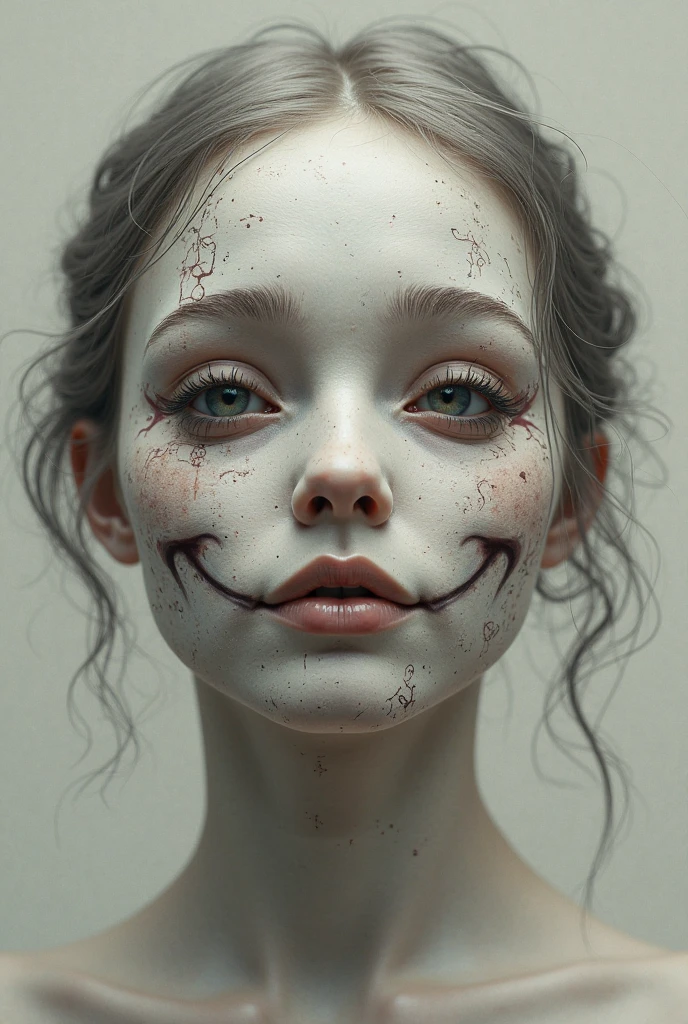 A girl wearing a vintage-style doll mask. The mask is porcelain white, with exaggerated features that give it a sinister appearance. The doll's expression is frozen in a creepy smile, with wide-open eyes and rosy cheeks,