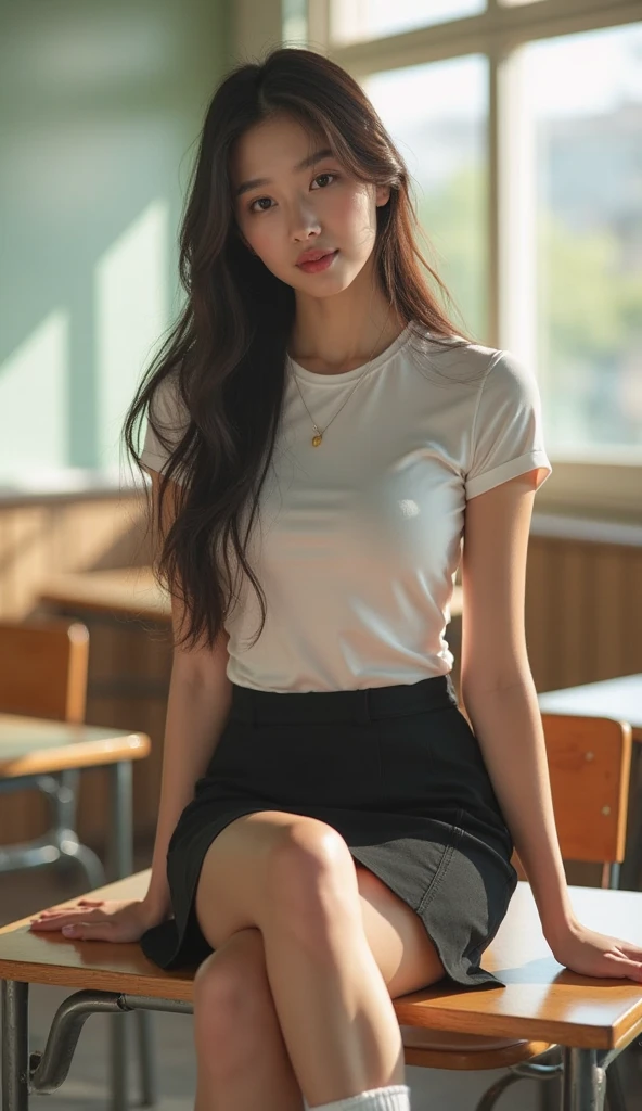 Cinematic Photo of a beautiful korean fashion model, 20 years old, bokeh, dressed in fashionable white clothes, perfect body, tight white pants, sitting in classroom