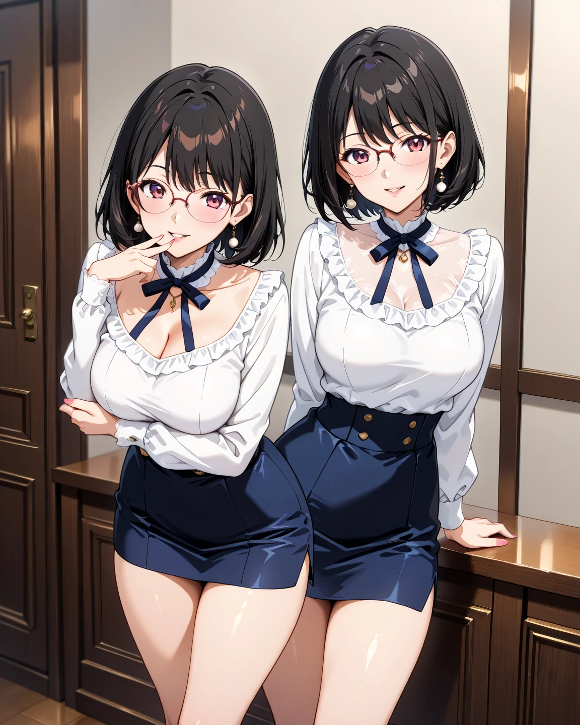 a beautiful realistic anime woman in a corset holding a rose in her hand holding in her free hand, view of 1 girl, symmetrical face, alone, realistic long dark brown hair, firm breasts, blue expressive eyes, gloves, looking at the viewer, random sexy pose, corset (all realistic intricate details) front side lighting, in an all black background with the girl on the right side