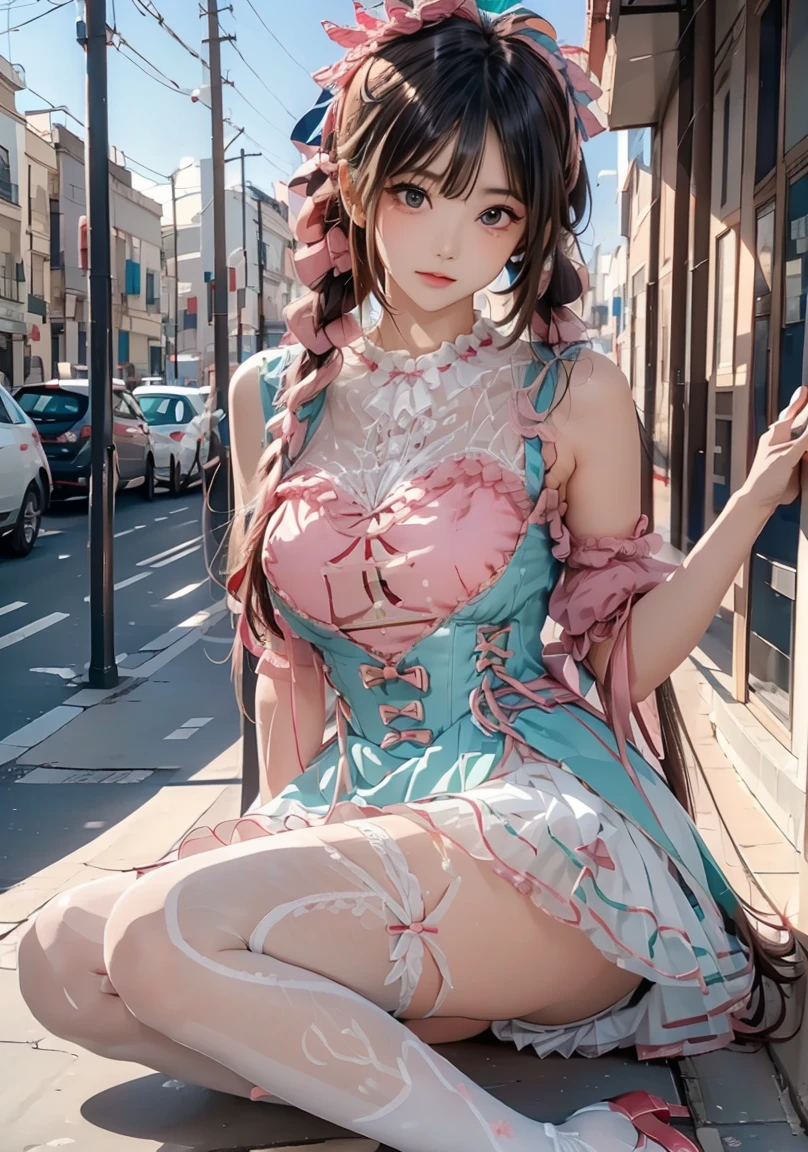 (Masterpiece, BestQuality:1.3), (ultra detailed:1.2), (hyperrealistic:1.3), (RAW photo:1.2), High detail RAW color photo, professional photograph, (Photorealistic:1.4), (realistic:1.4), (Pink Hair:1.5), professional lighting, perfect anatomy, (Big Breasts:1.2), (blush, detailed face), (A happy smile:1.7), sexly, erotic sexly, Random sexy gravure poses, (Blue dress and white sandals、The background is a park、Lifting her dress a little to show off her thighs、Sitting on a swing pose。:1.3)