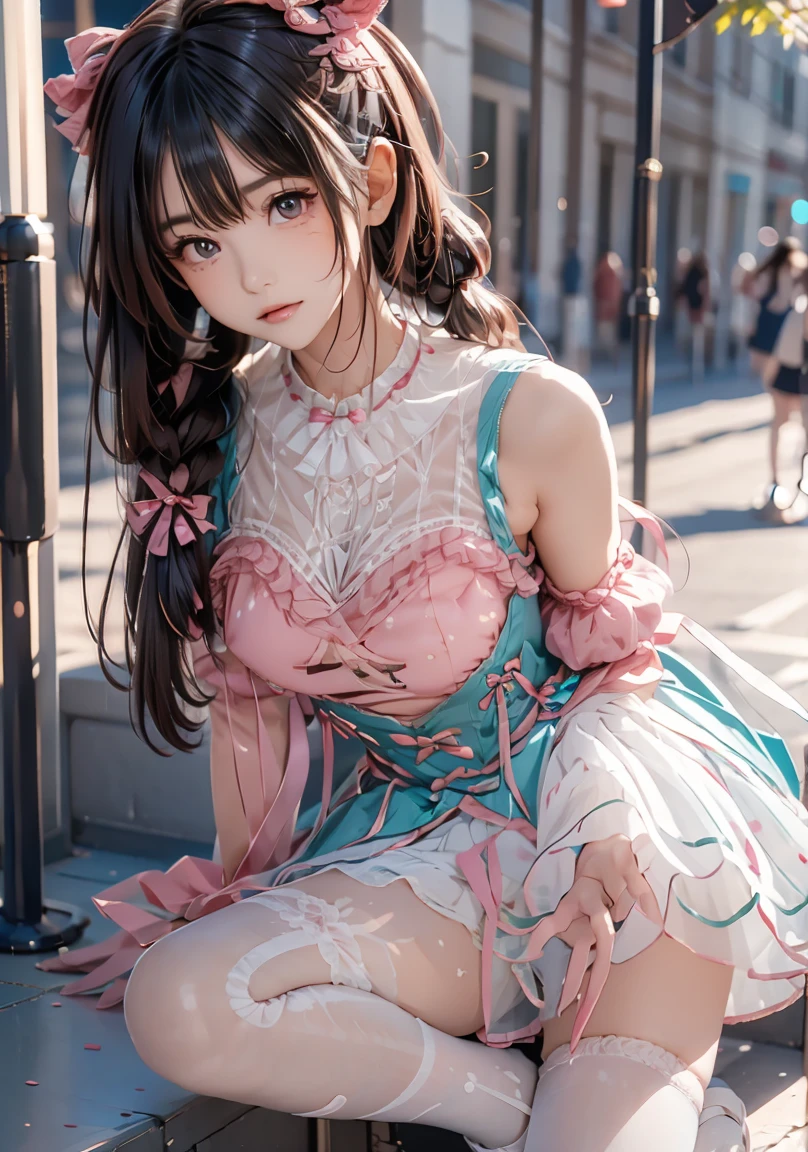 ((best quailty)), ((tmasterpiece)), (the detail:1.4), 3D, A beautiful cyberpunk female image,HDR(HighDynamicRange),Ray traching,NVIDIA RTX,Super-Resolution,Unreal 5,Subsurface scattering、PBR Texture、post-processed、Anisotropy Filtering、depth of fields、maximum definition and sharpness、Many-Layer Textures、Albedo e mapas Speculares、Surface Coloring、Accurate simulation of light-material interactions、perfectly proportioned、Octane Render、Two-colored light、largeaperture、Low ISO、White balance、thirds rule、8K RAW、barepubic hair,Exposed shoulder,camisole,upskirt with,Transparent packaging,open waist,upskirt with//,Very short,There are colorful graffiti on the shoulders,pleatedskirt,JK short skirt long legs,Lace edges,Tulle textured clothes。Pink cute,Tender powder,The expression is shy,Pink and white clothes。The coat slipped off,streaked hair, colored inner hair, drill hair, double bun, twin drills, quad drills, side drill, french braid, hair behind ear, hair between eyes, crossed bangs, hair bun, hair intakes, short ponytail, short twintails, side swept bangs, braided bun, cone hair bun, shiny hair