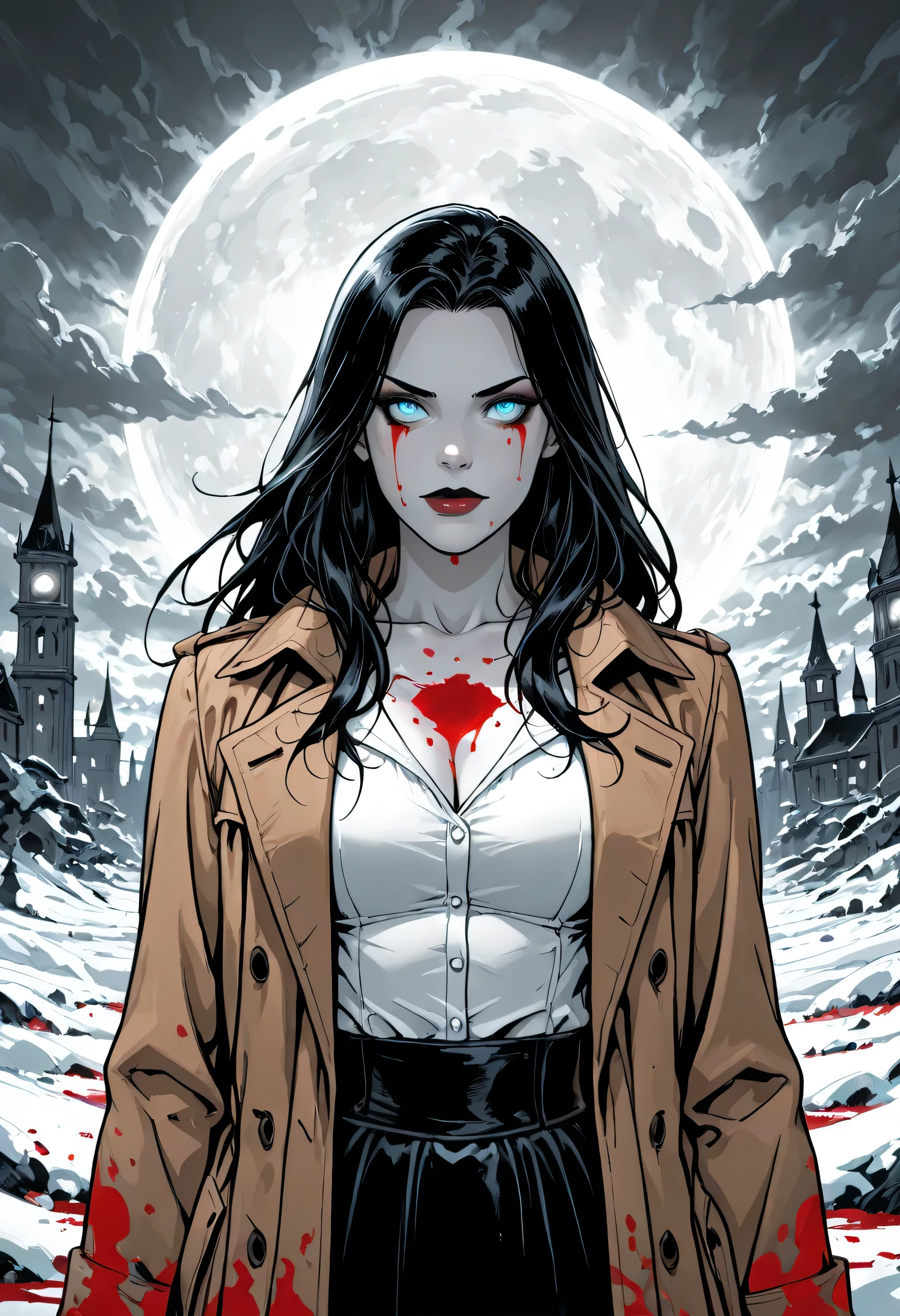 score_9, score_8_up, score_7_up,goth black and white anime art, (black and white art) mostly black and white, a picture of olo beautiful female vampire, best detailed face, black hair, long hair hair, blue eyes, wearing trench coat, wearing a skirt, wearing white leather shirt, small cleavage, bloody cleavage, (red blood stains: 1.3), it is cloudy night (only colors are the blood and the eyes), glowing, ember