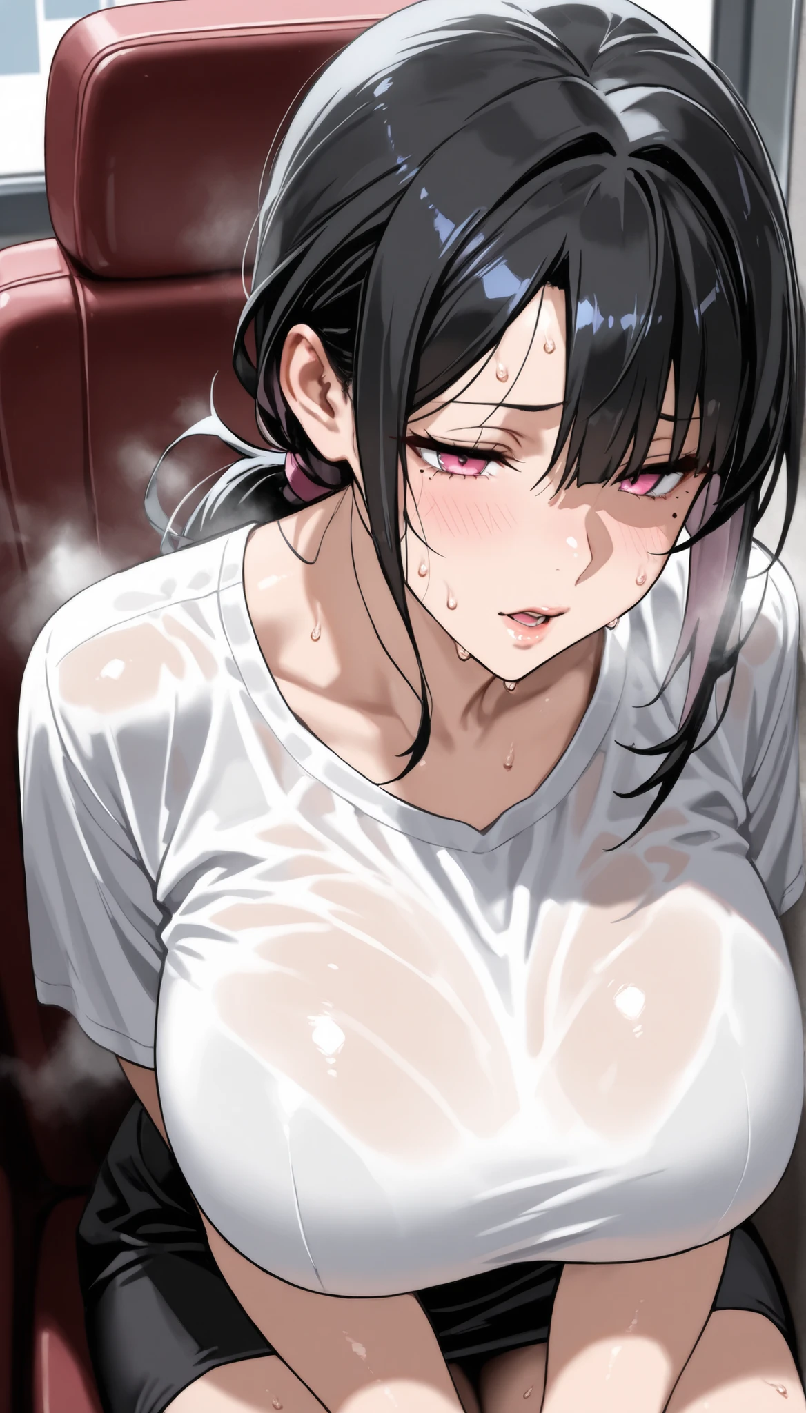 4K, masterpiece, Best Quality, (detailed face and eyes_1.4), detailed skin, Cowboy Shot, detailed, One girl, 2, Mature Body, Big Breasts, Alone, Black ponytail Hair, Pink eyes, Mole under left eye, Hair covering the right eye, Open lips, numb face, Seductive eyes、((steam,sweat)), casual suit((black skirt, white shirts)), in office, sitting seat, read report
