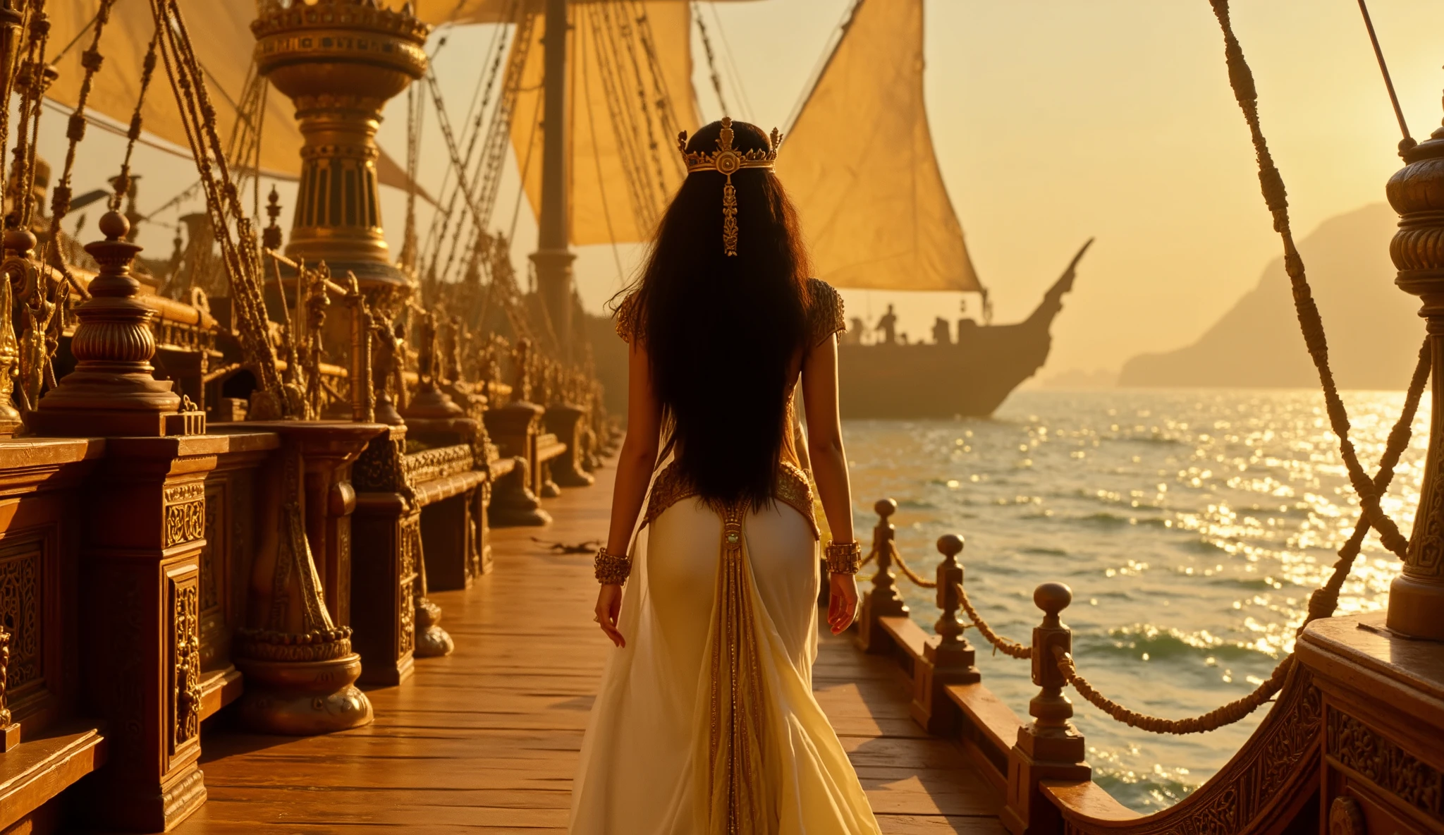1950d, Cleopatra back view, standing in wooden warship , ancient egypt
