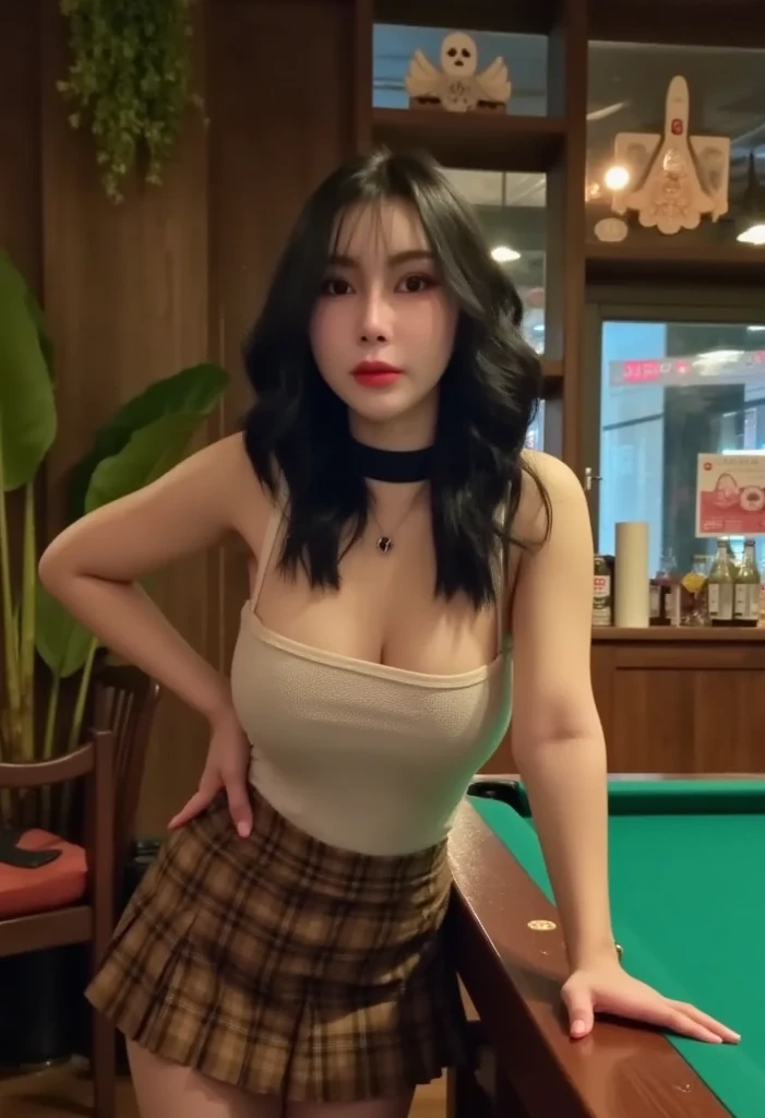 ((Midnight, Best quality, 8k, Masterpiece :1.3)), Sharp focus, face close up :1.2, A pretty woman with perfect figure :1.4, Slender abs :1.1, ((black hair, Big breasts :1.2)), (mini dress, pantyhose, sitting :1.2), ((billiard table :1.3)), Highly detailed face and skin texture, Detailed eyes, Double eyelid, smile,