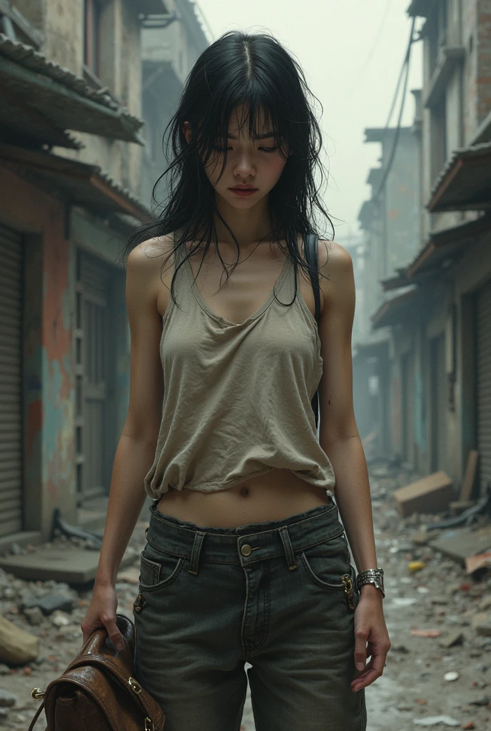 (1girl:1.3), solo, __body-parts__, doomsday wasteland style, knitwear, torn, deconstructed, shorts, dusty, stormy, dirty, gray tones, 8k resolution image, intricate symmetrical details. The whole picture is invincible and heroic, mainly a complete picture of a woman standing all over her body, with smooth movements and a confident expression.