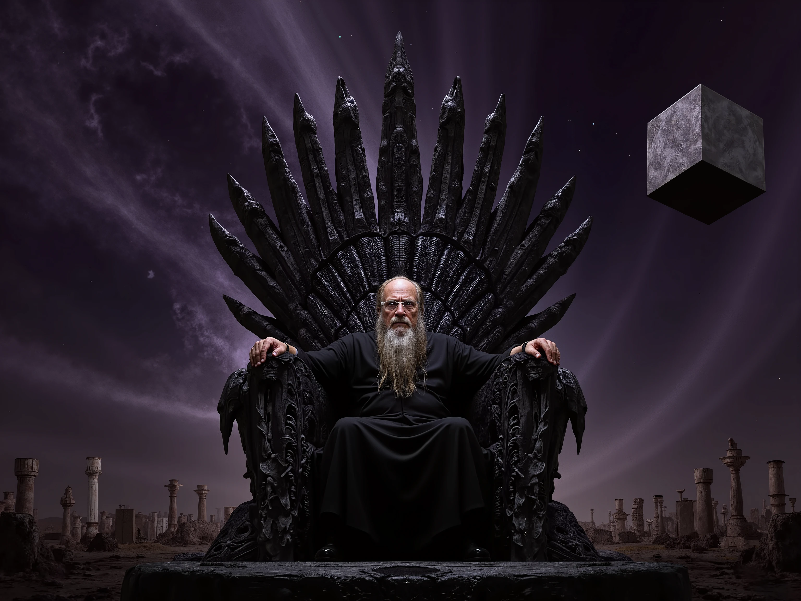 An old man seated on a throne of bones with Saturn's black cube