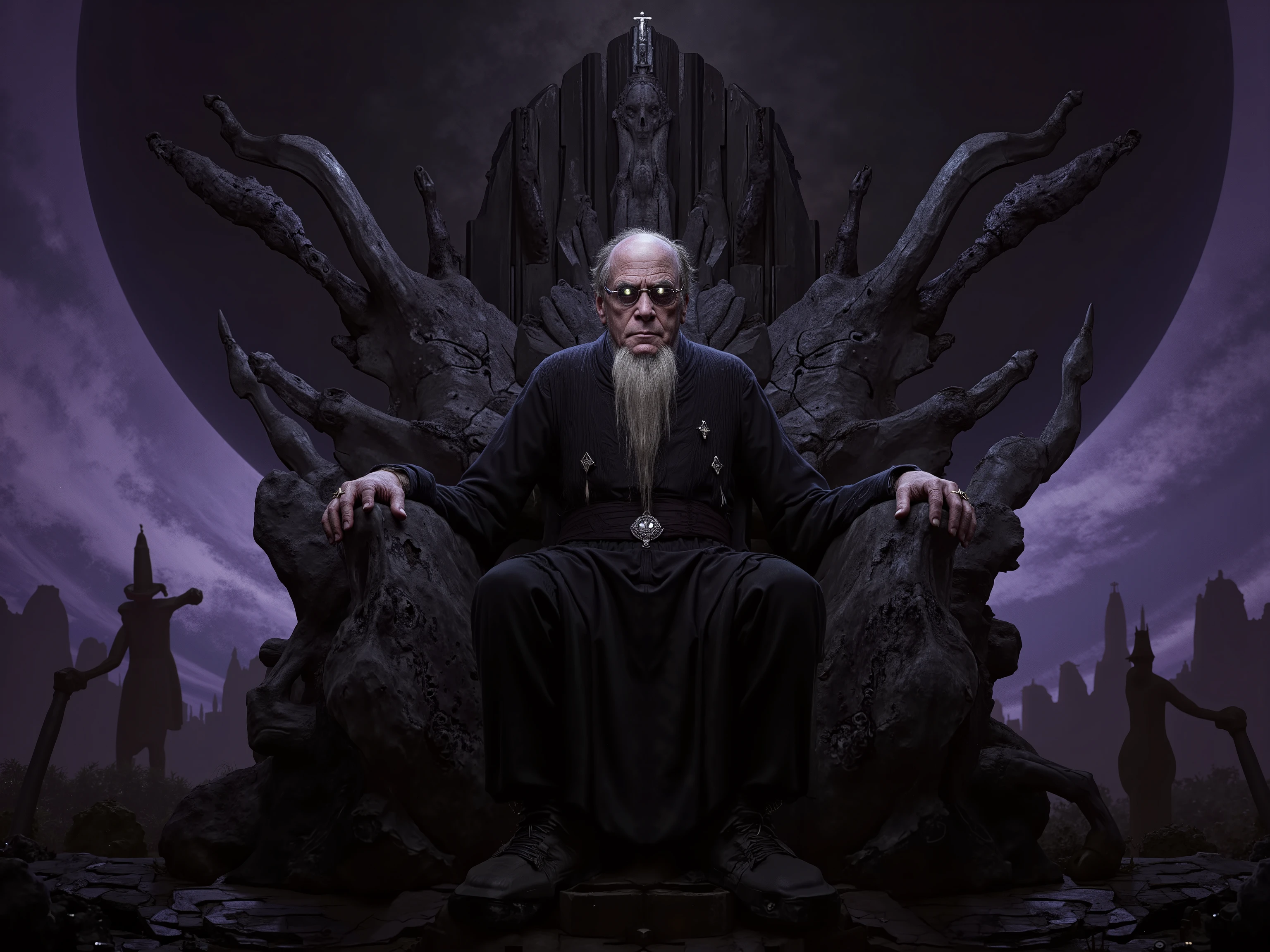 An old man seated on a throne of bones with Saturn's black cube