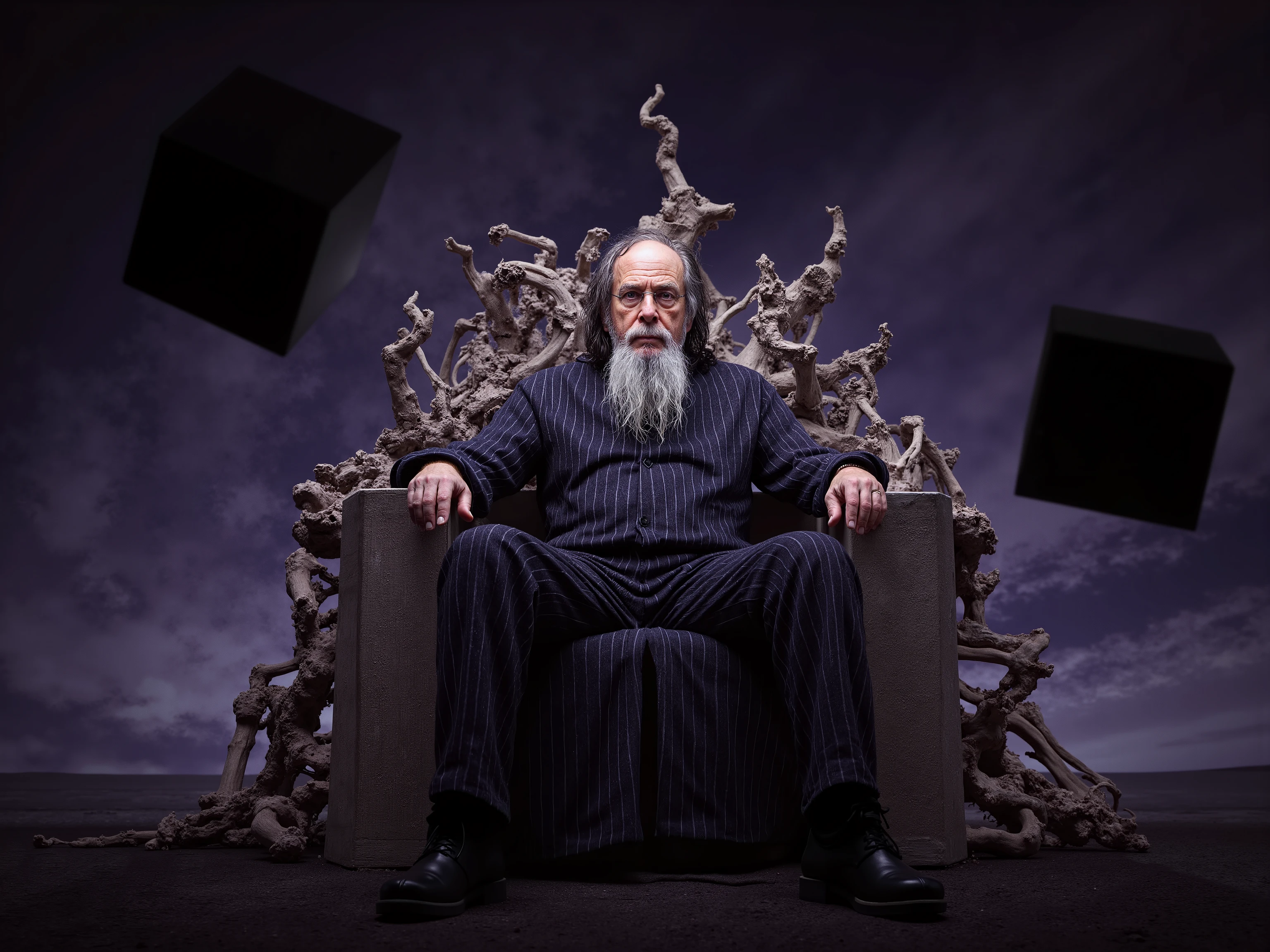 An old man seated on a throne of bones with Saturn's black cube