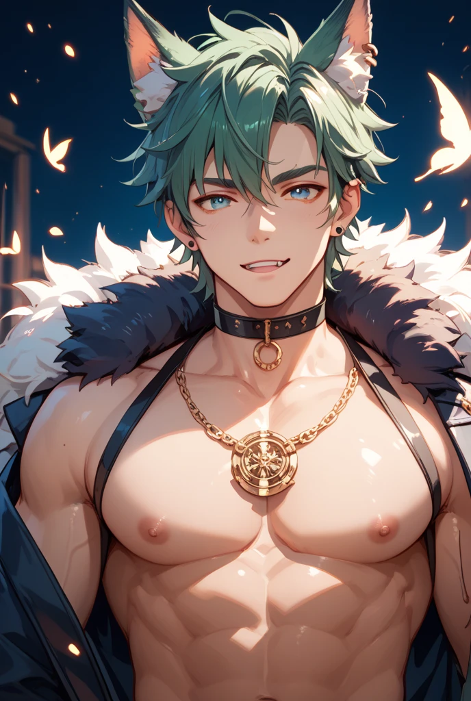 Alhaitham from genshin impact, A handsome man with a lot of cum on his face!!! Big chest!!! Big pectorals!!! Round chest!!! Big nipples!!! Large chest!!! oppai, oppai proportions, cinematic lighting, high contrast, vivid colors, 8k, masterpiece